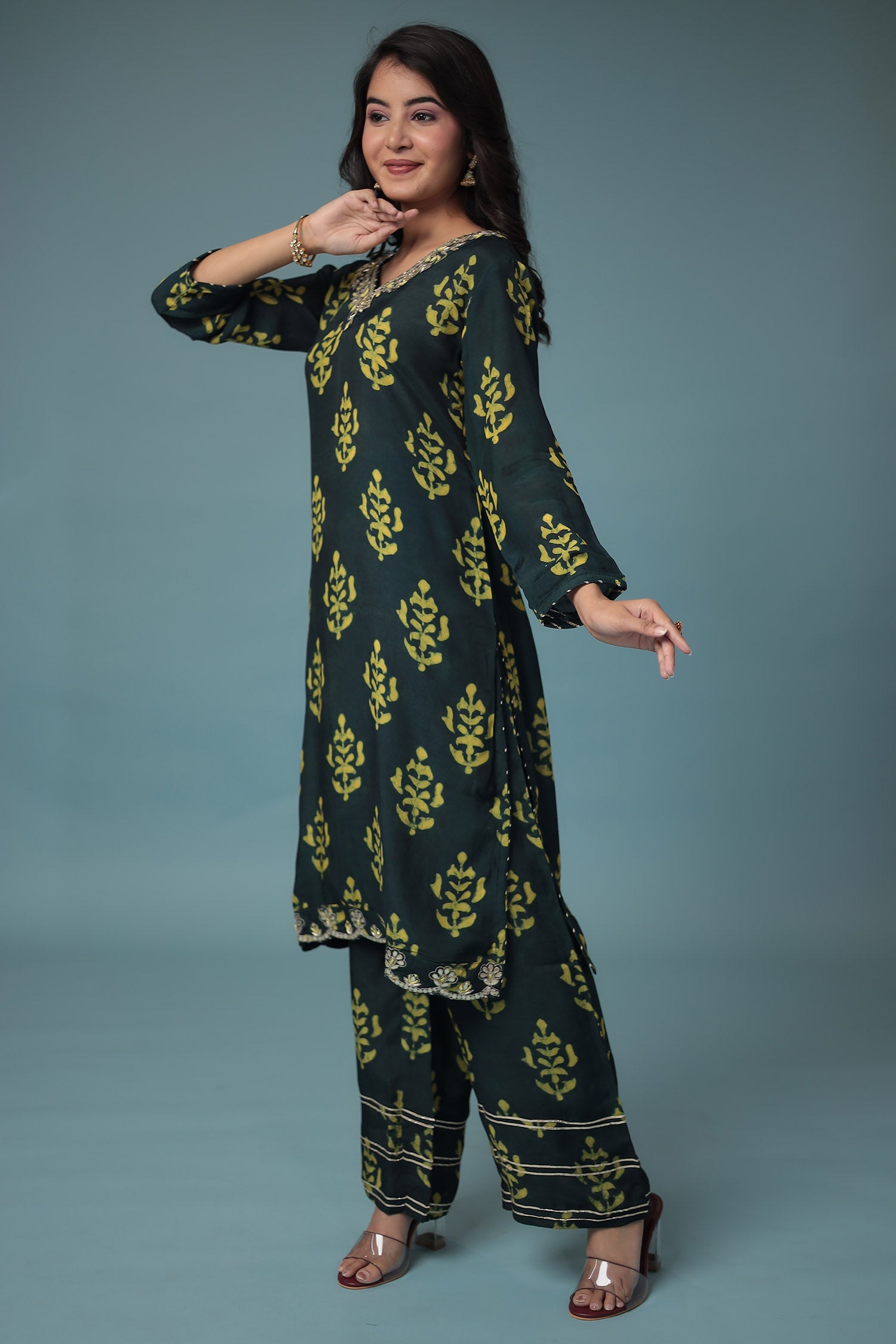 Printed Silk Suit Embroidered with Gota Patti work