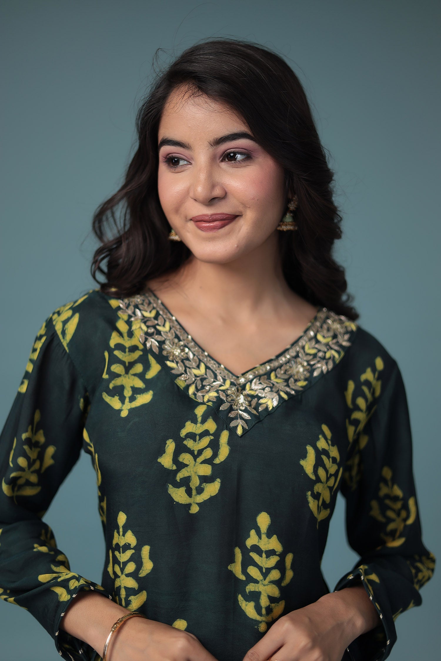 Printed Silk Suit Embroidered with Gota Patti work