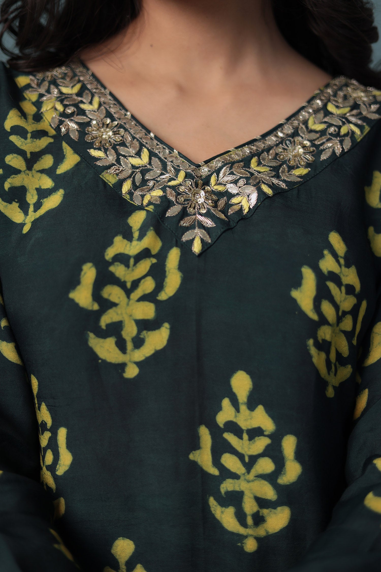 Printed Silk Suit Embroidered with Gota Patti work