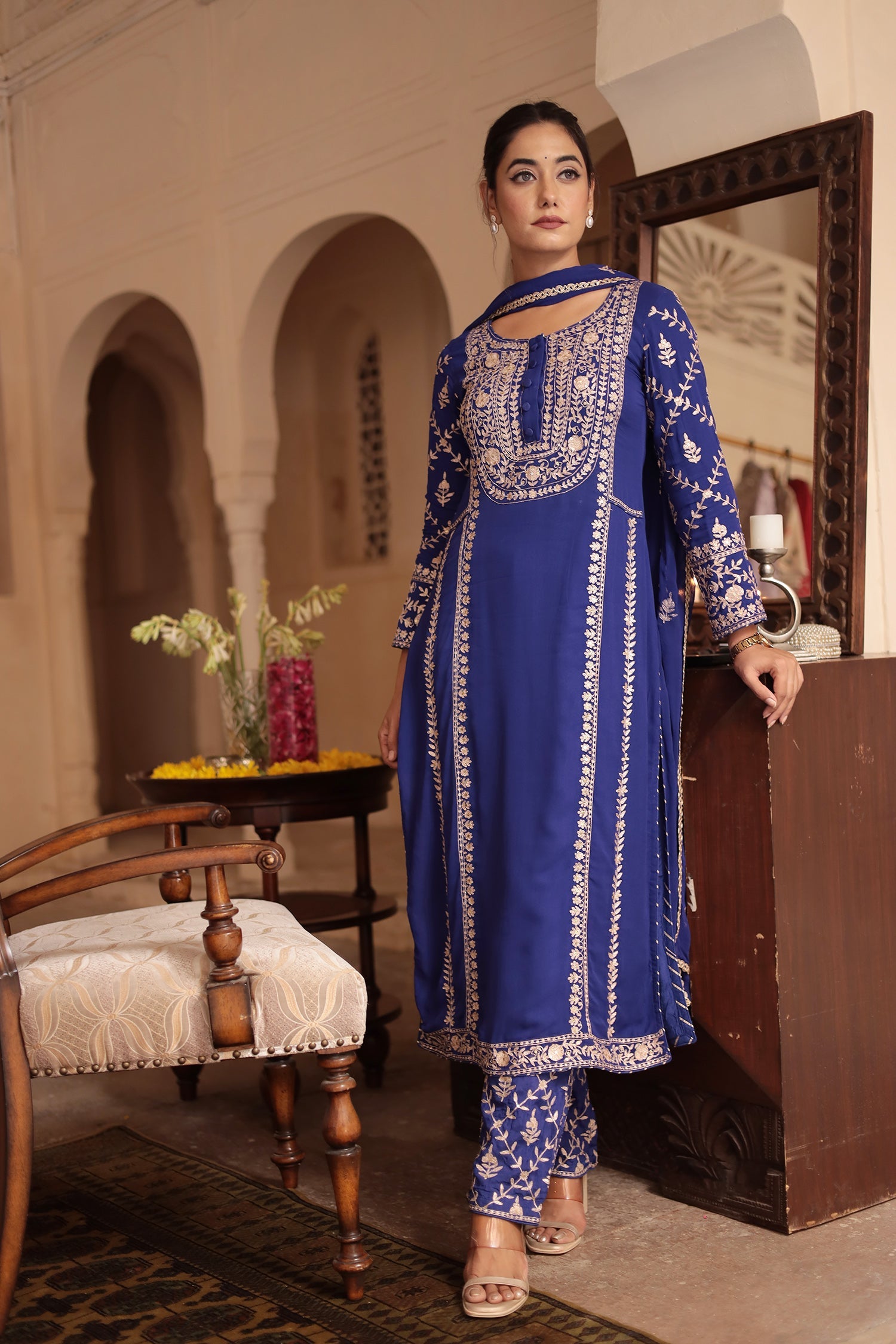 Georgette Straight Suit Embroidered with Pittan work