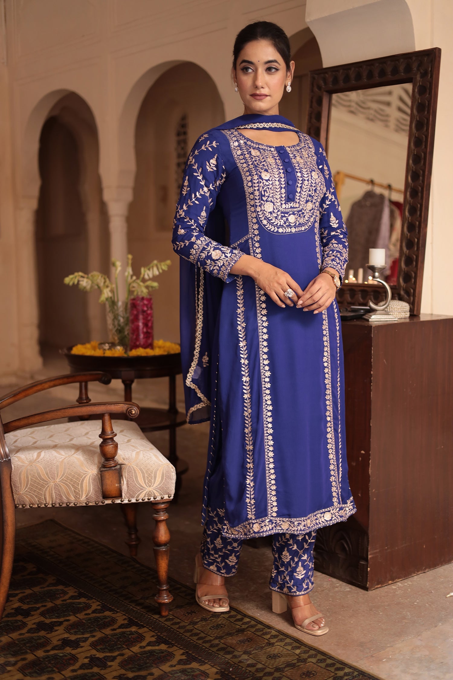 Georgette Straight Suit Embroidered with Pittan work