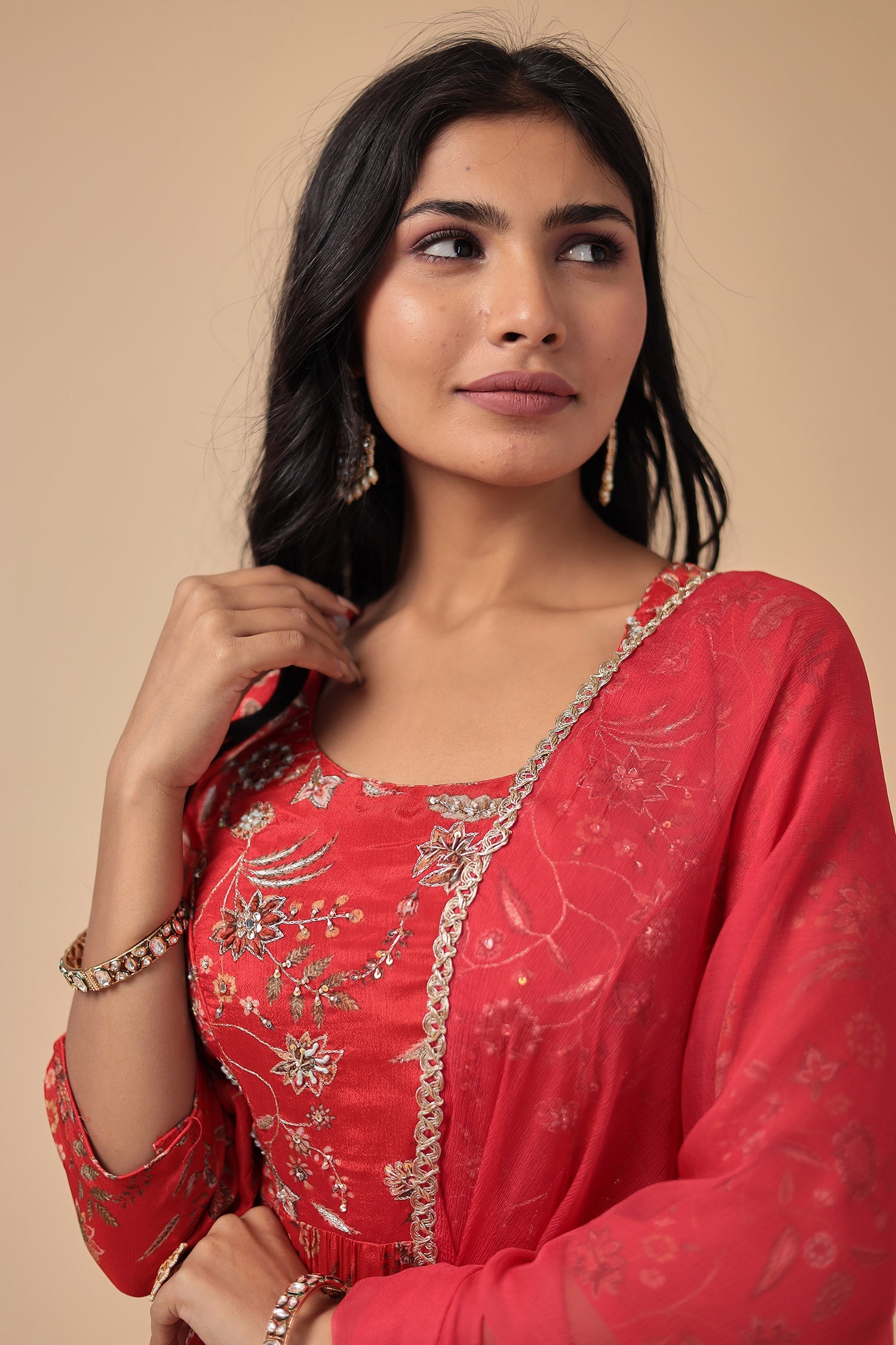 Anarkali Printed Chinon Suit with Embroidered Work