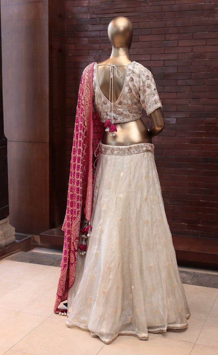 Tissue Lehenga with Dori, Pearl, Zardozi work.