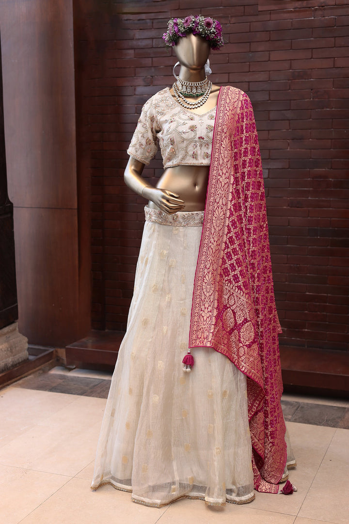 Tissue Lehenga with Dori, Pearl, Zardozi work.