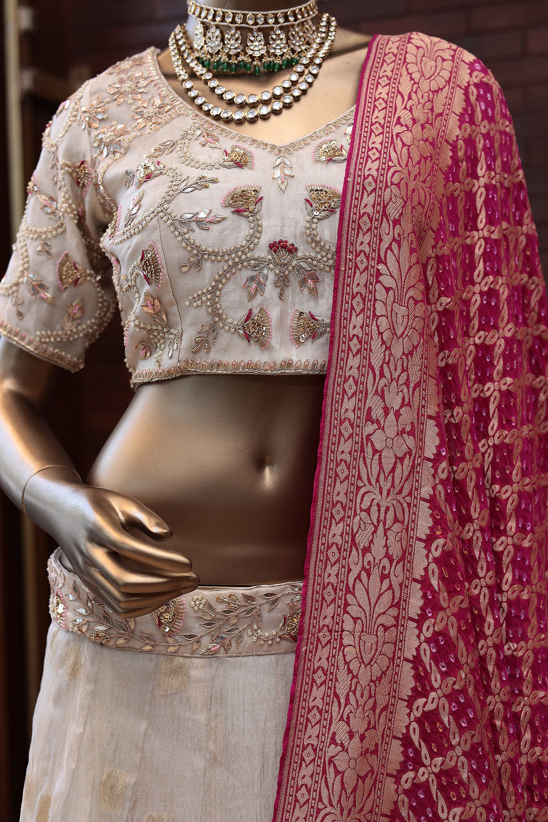 Tissue Lehenga with Dori, Pearl, Zardozi work.
