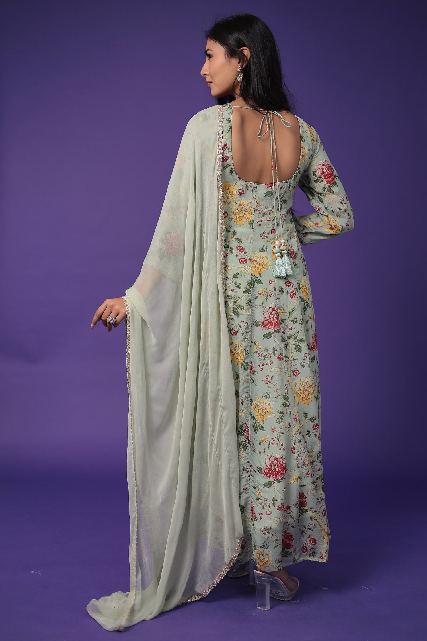 Printed Anarkali Silk Blend Suit with Embroidered work