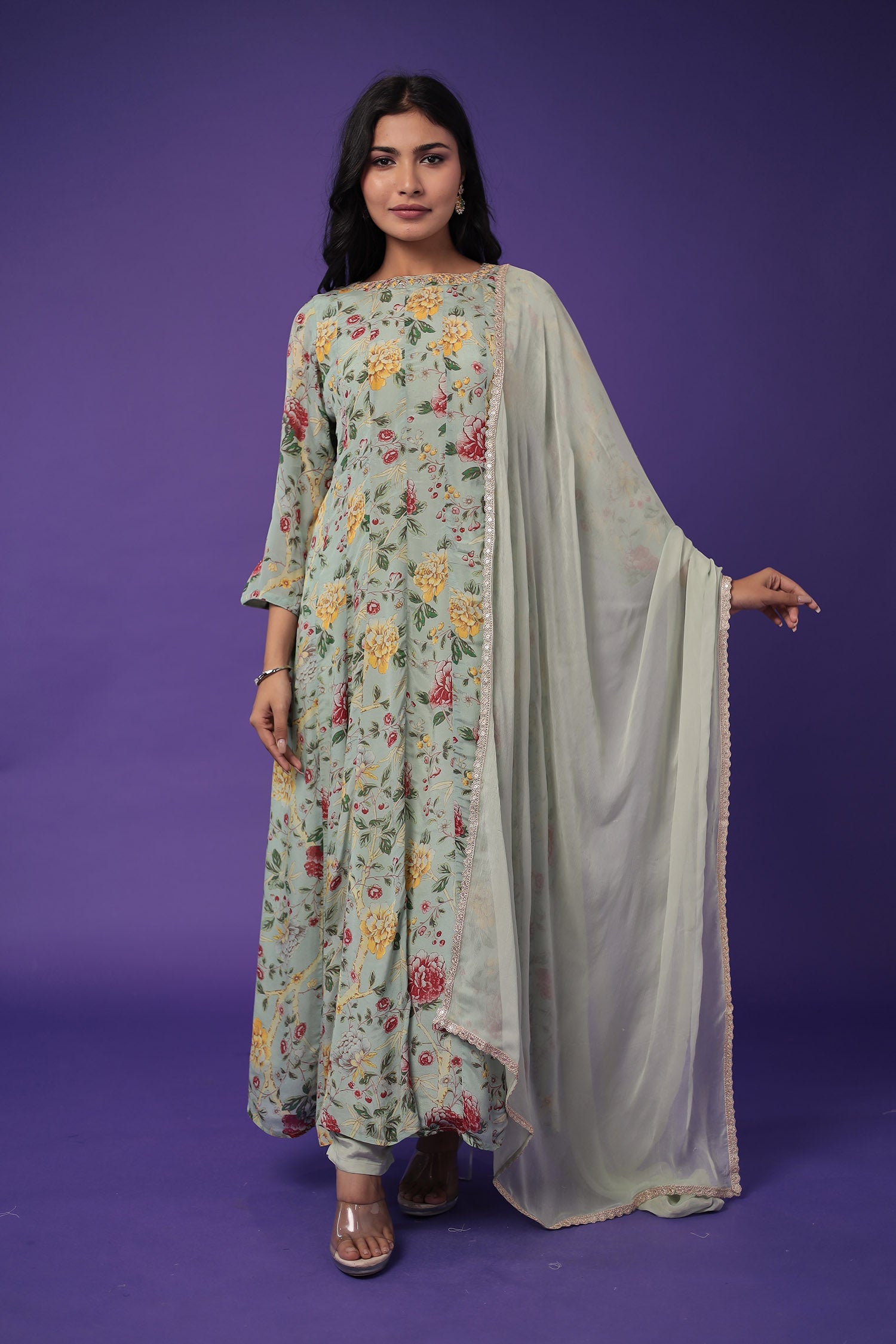 Printed Anarkali Silk Blend Suit with Embroidered work