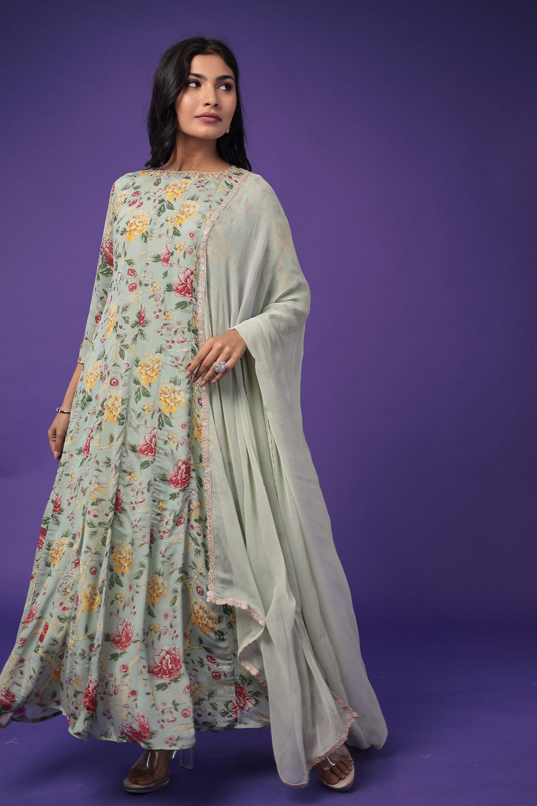 Printed Anarkali Silk Blend Suit with Embroidered work