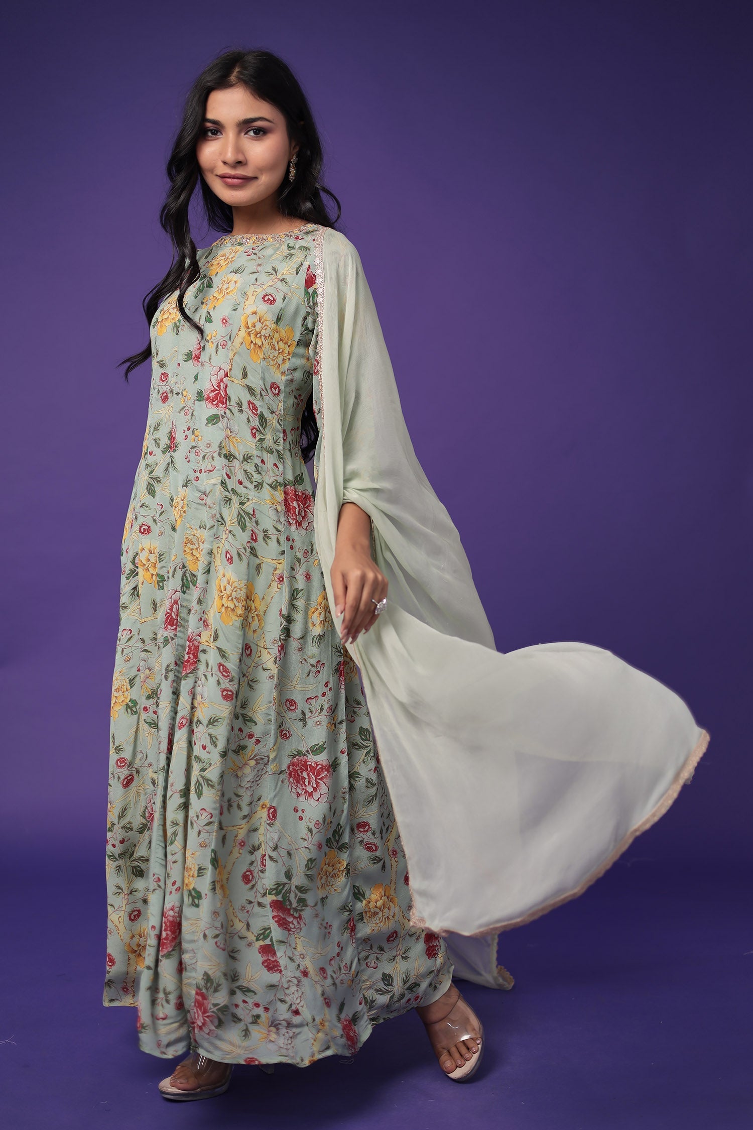 Printed Anarkali Silk Blend Suit with Embroidered work