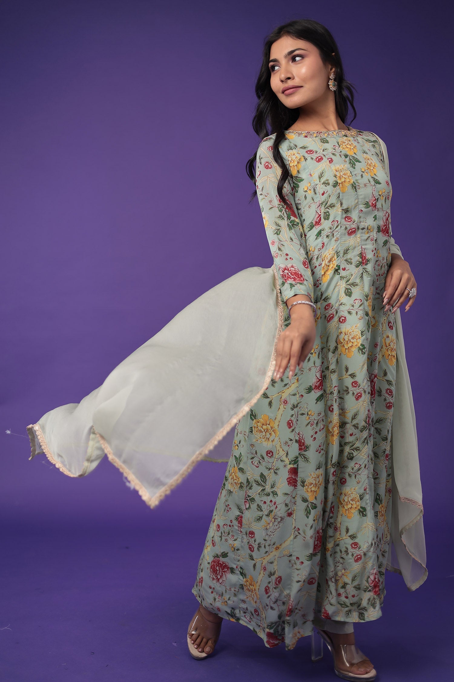 Printed Anarkali Silk Blend Suit with Embroidered work