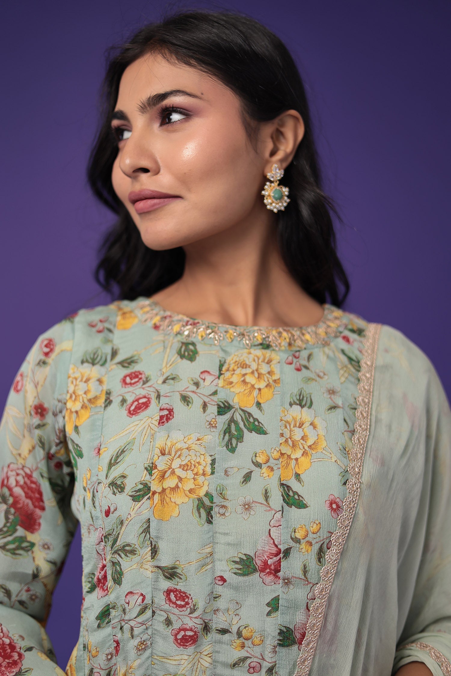 Printed Anarkali Silk Blend Suit with Embroidered work