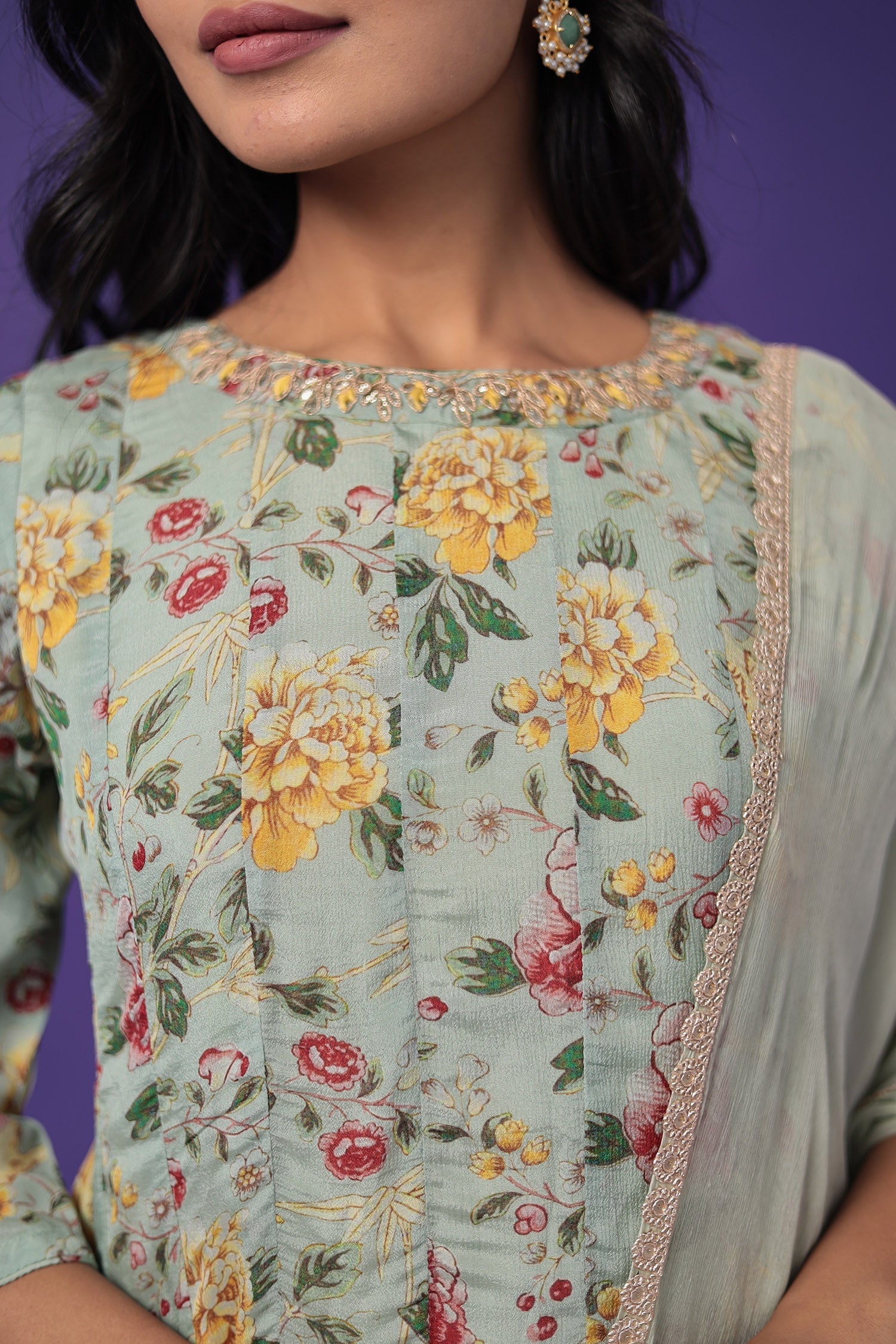 Printed Anarkali Silk Blend Suit with Embroidered work