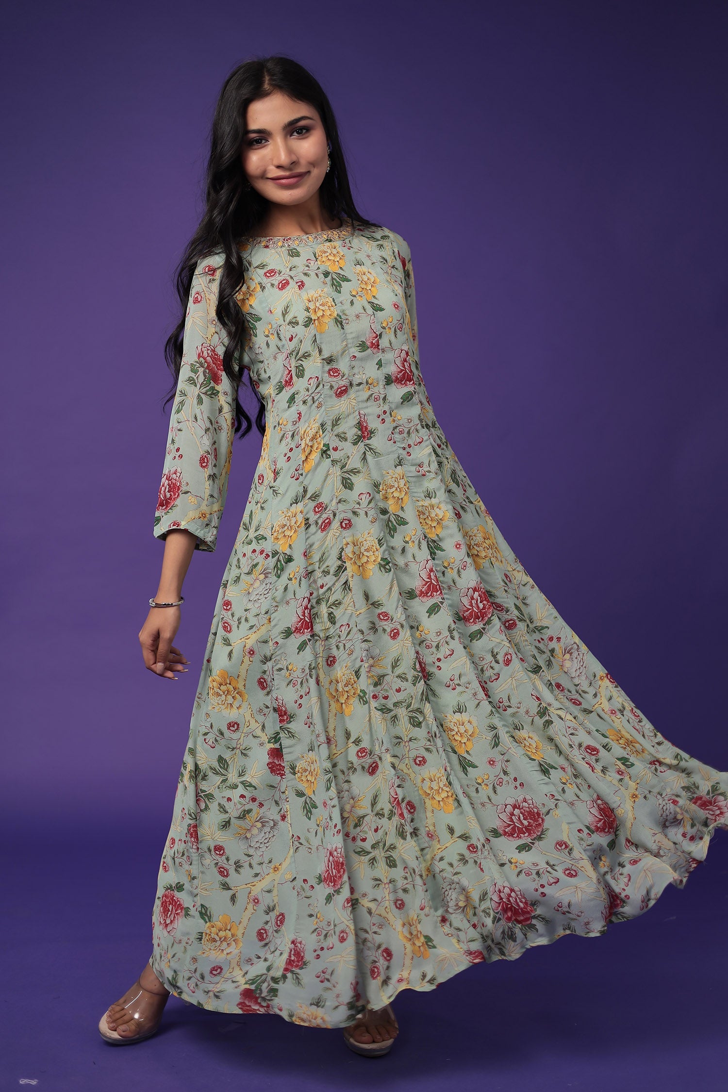 Printed Anarkali Silk Blend Suit with Embroidered work