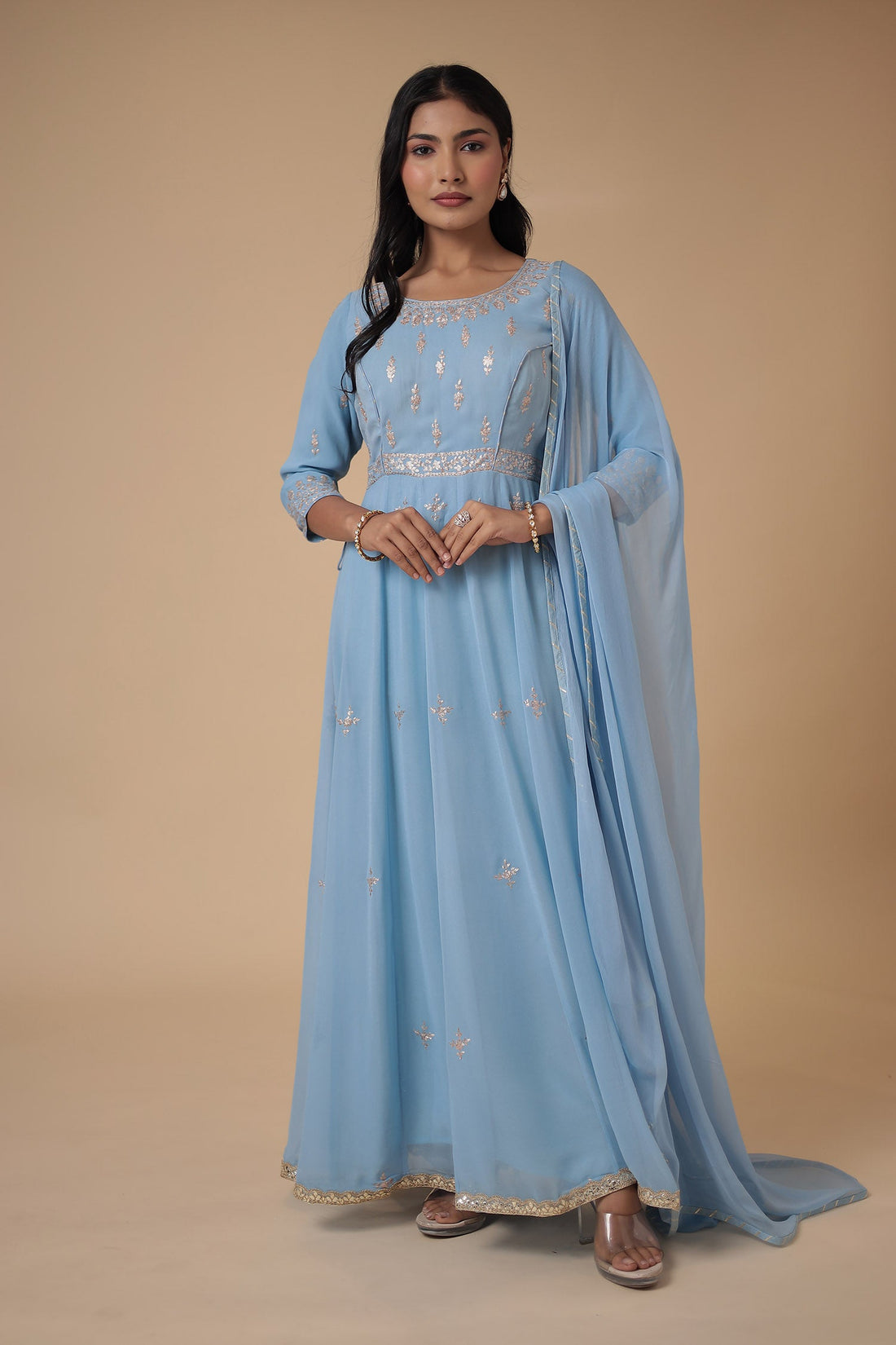 Georgette Anarkali Suit Embroidered with Pittan work