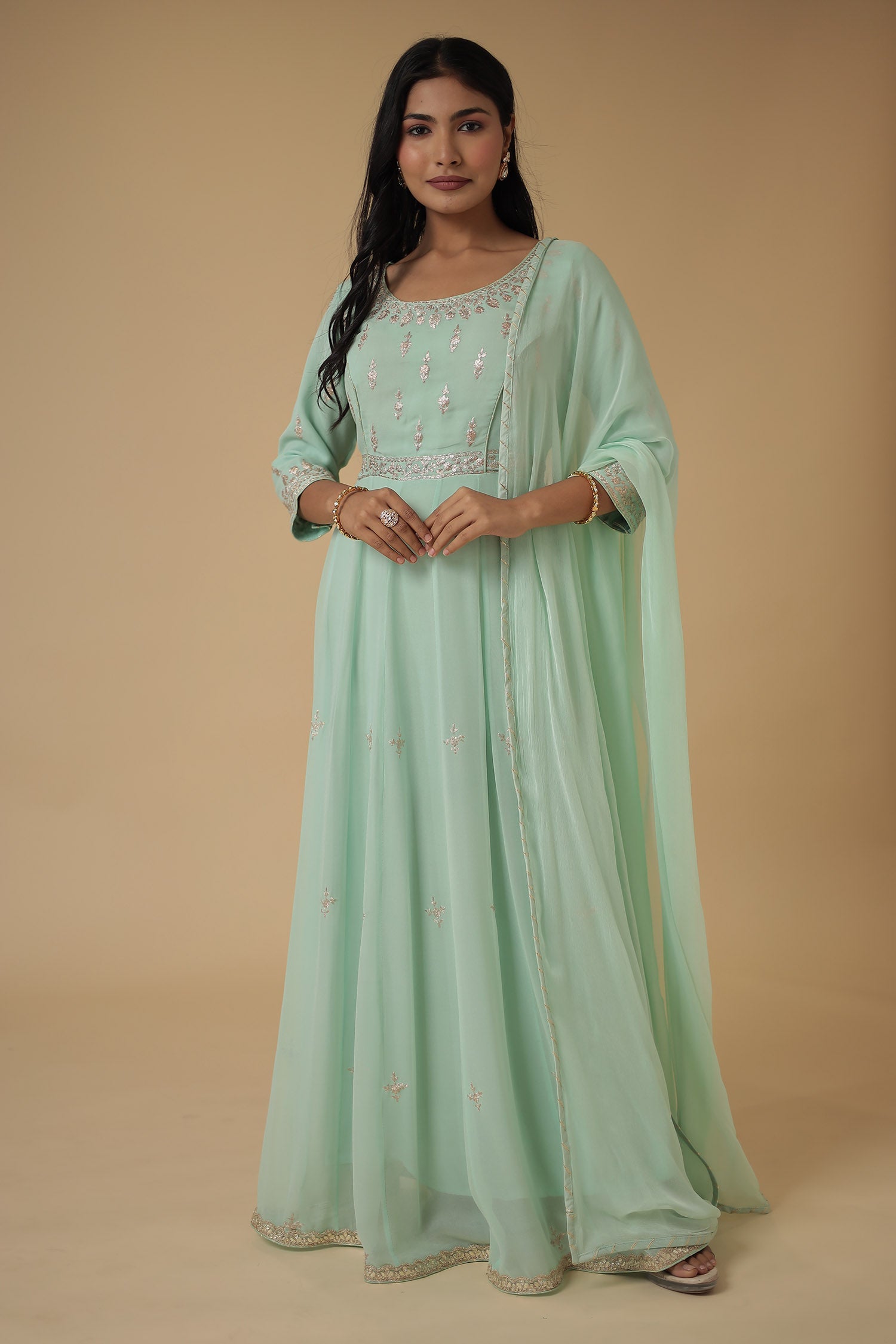 Georgette Anarkali Suit Embroidered with Pittan work