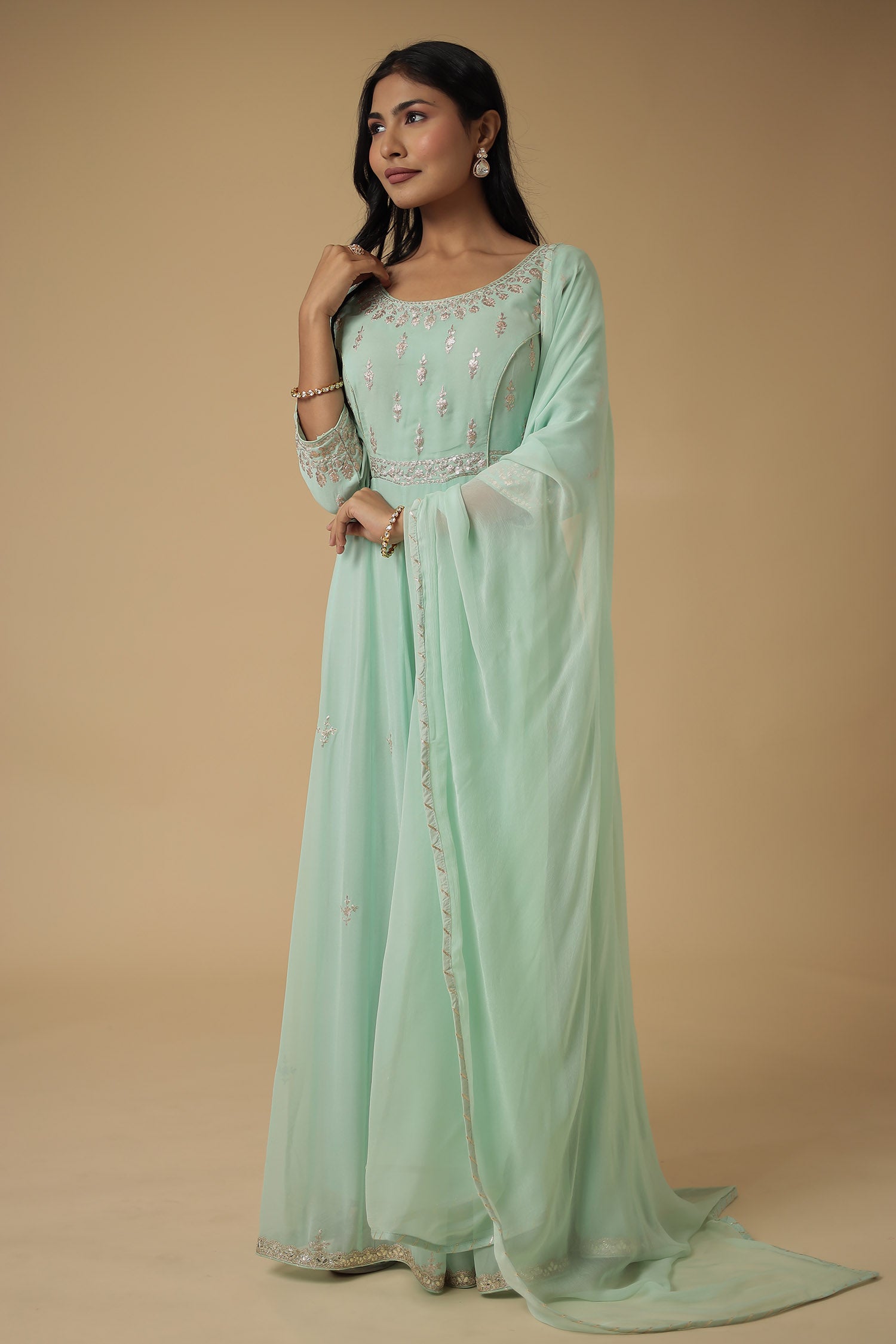 Georgette Anarkali Suit Embroidered with Pittan work
