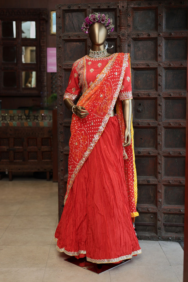 Silk Crush Lehenga with Bandhej Duppatta with Zardozi Work Blouse.
