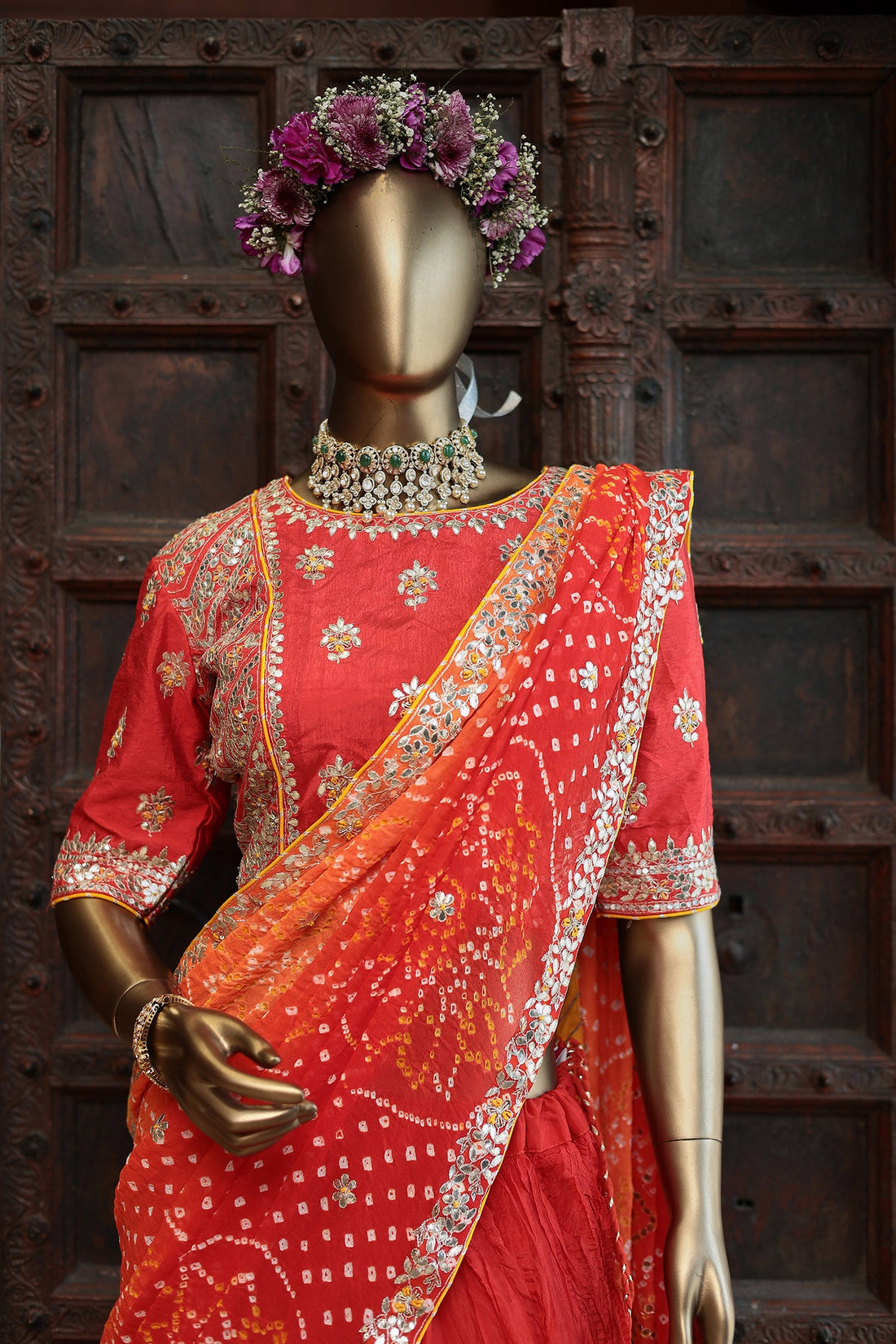 Silk Crush Lehenga with Bandhej Duppatta with Zardozi Work Blouse.
