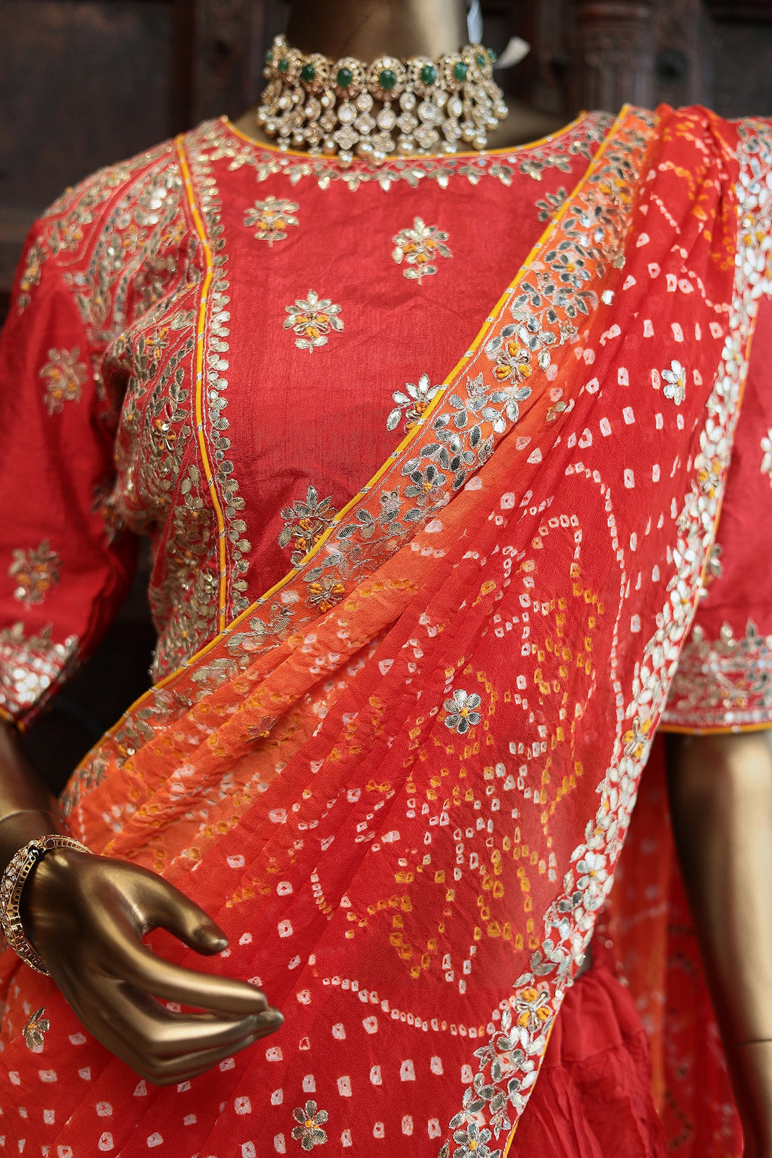 Silk Crush Lehenga with Bandhej Duppatta with Zardozi Work Blouse.