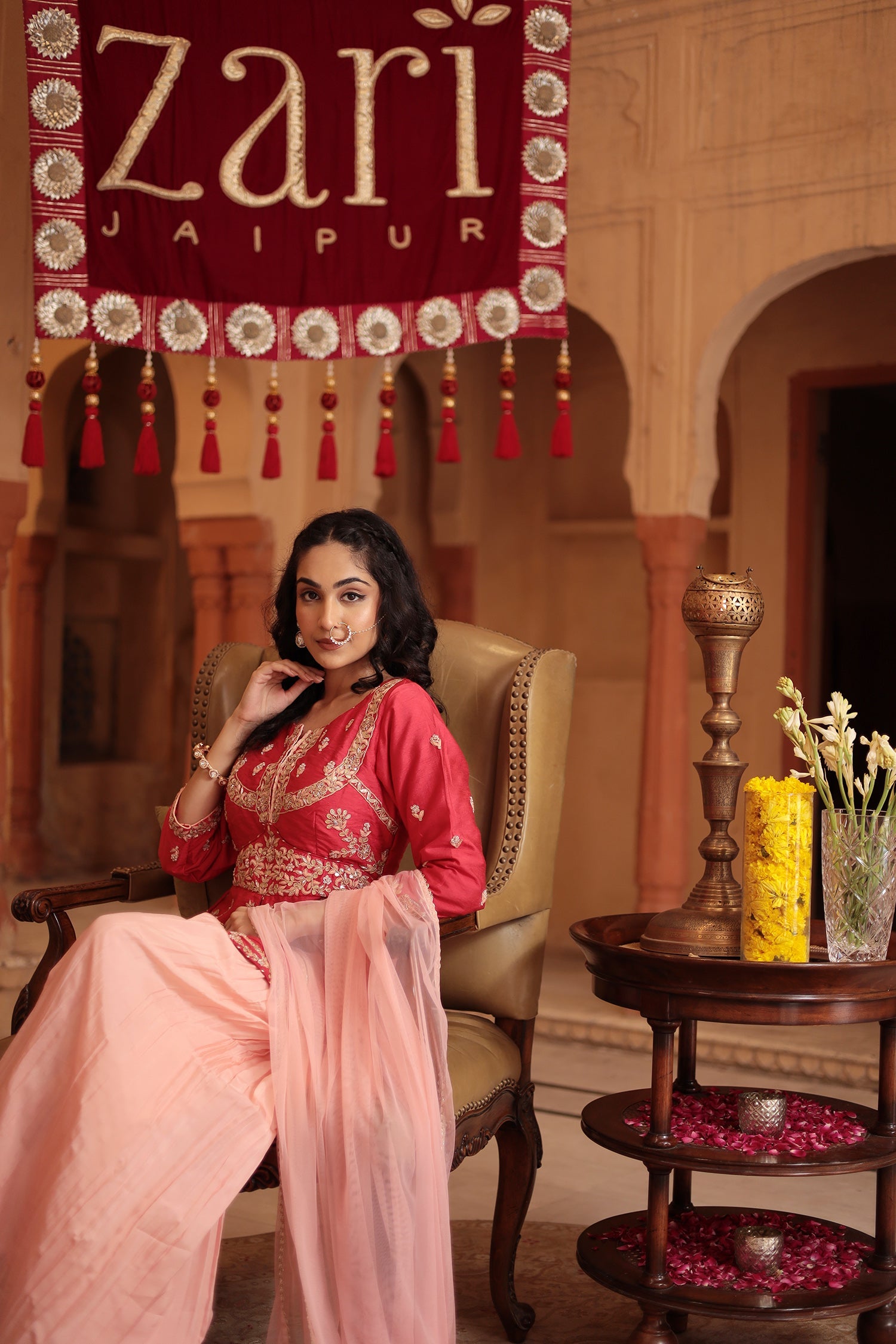 Silk Peplum Suit Embroidered with Gota Patti and Zardozi work