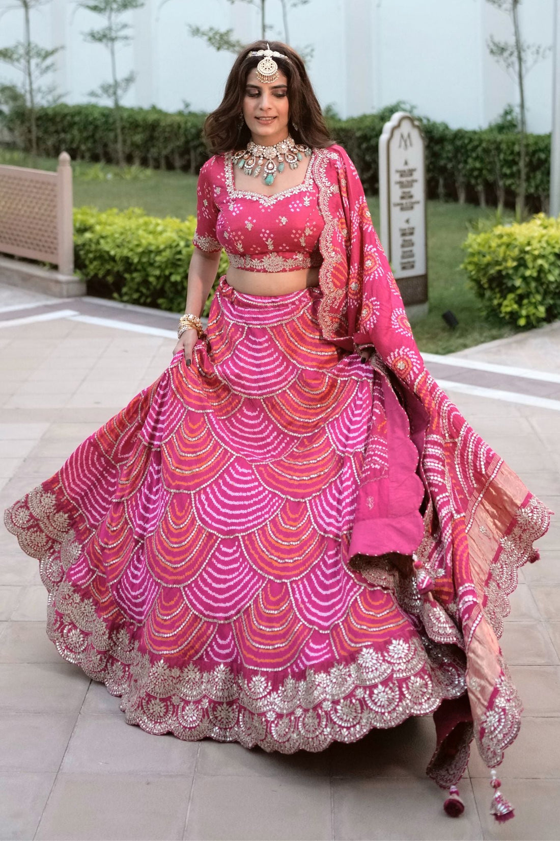 Gajji Silk Bandhej Lehenga with Gota Patti Embroidered work