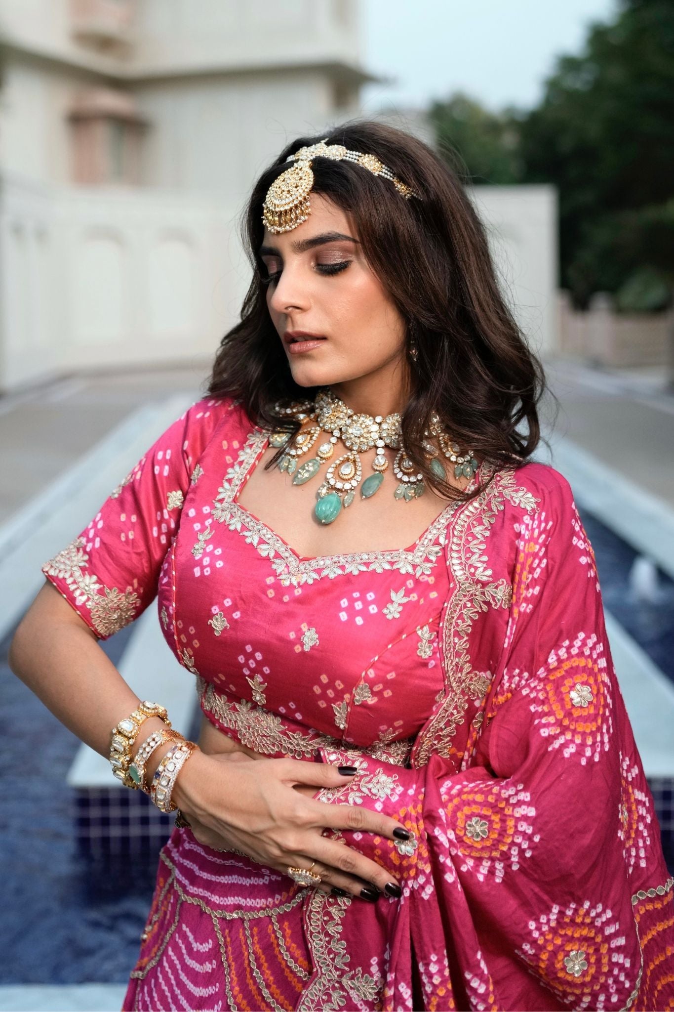 Gajji Silk Bandhej Lehenga with Gota Patti Embroidered work