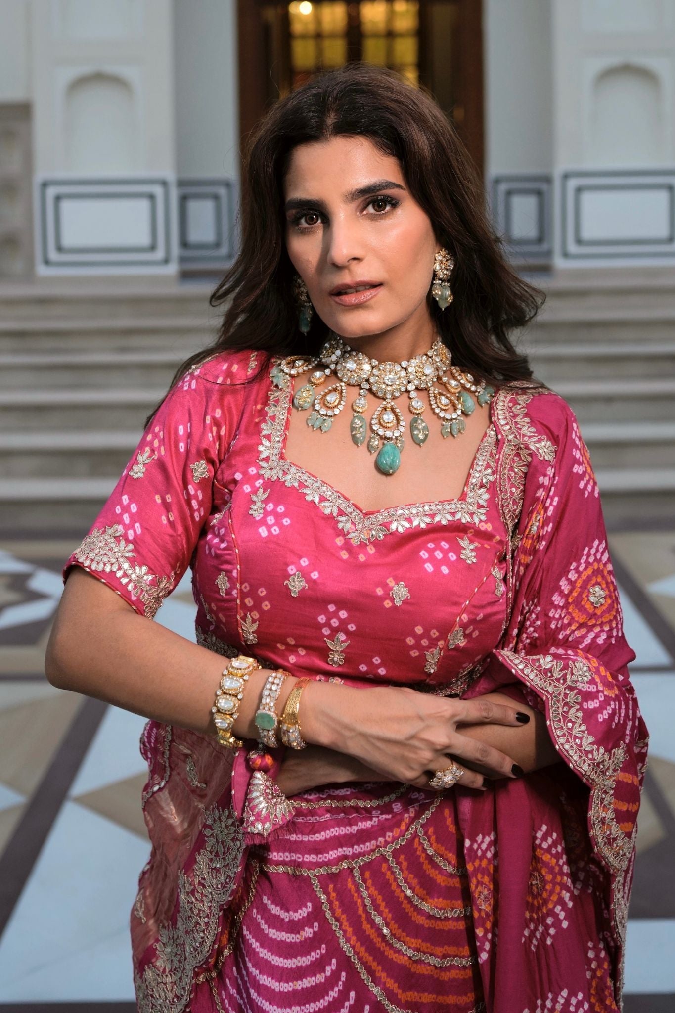 Gajji Silk Bandhej Lehenga with Gota Patti Embroidered work