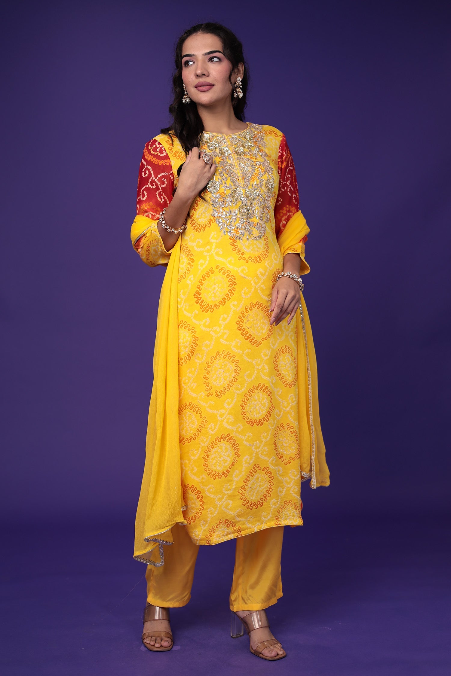 Bandhej Chinon Suit with Gota Patti and Zardozi work