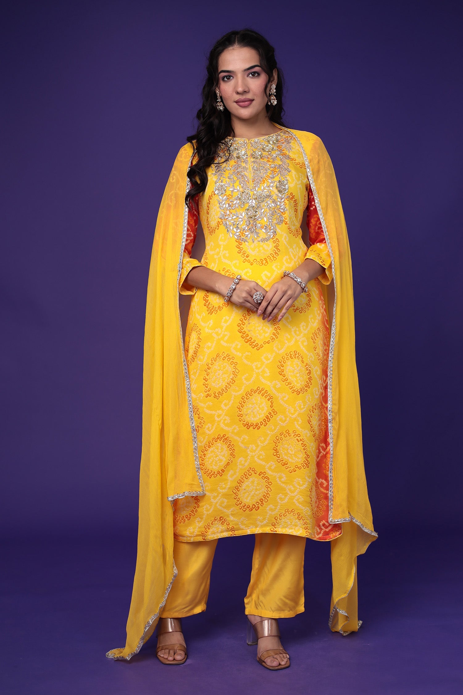 Bandhej Chinon Suit with Gota Patti and Zardozi work