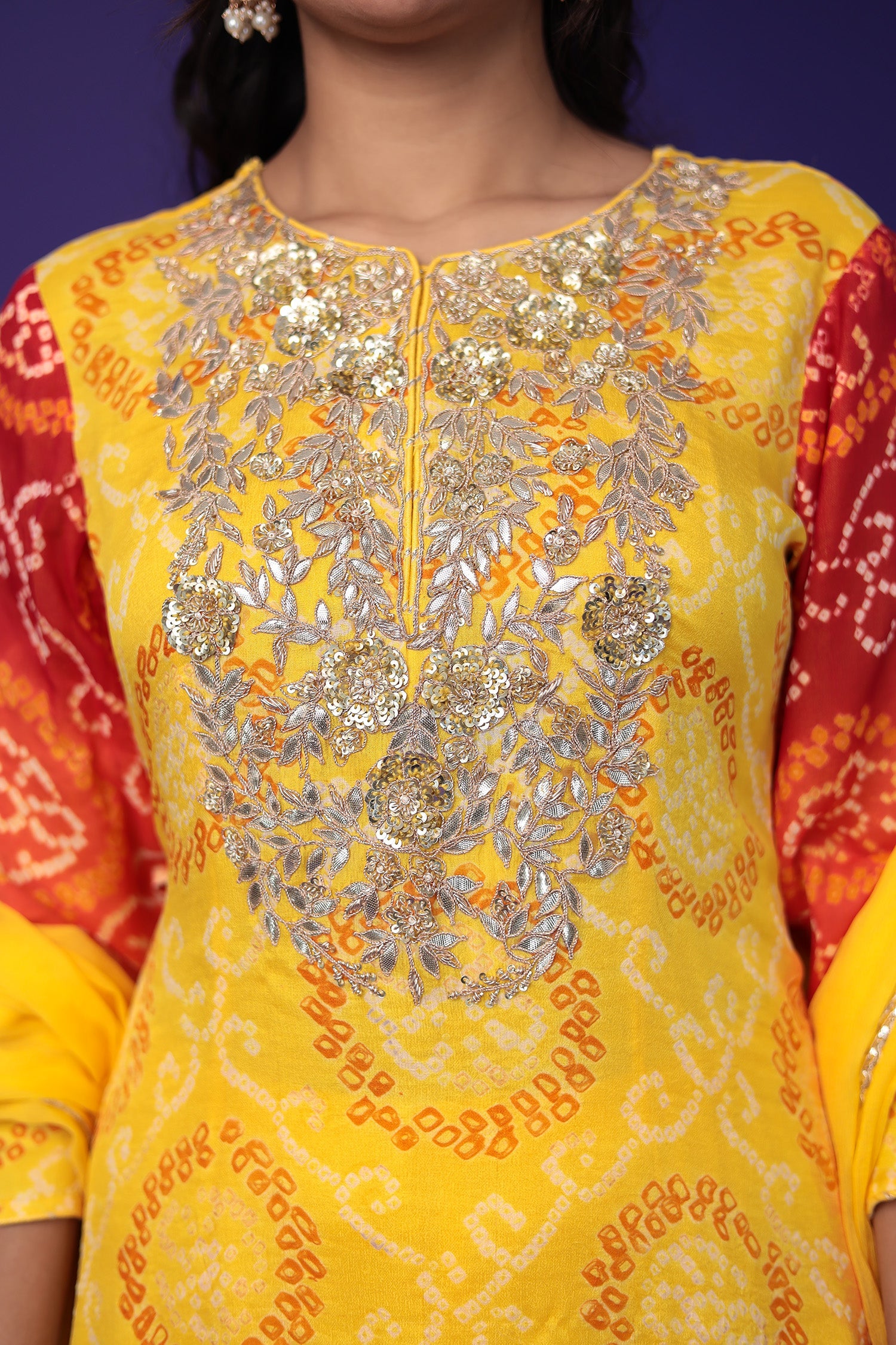 Bandhej Chinon Suit with Gota Patti and Zardozi work