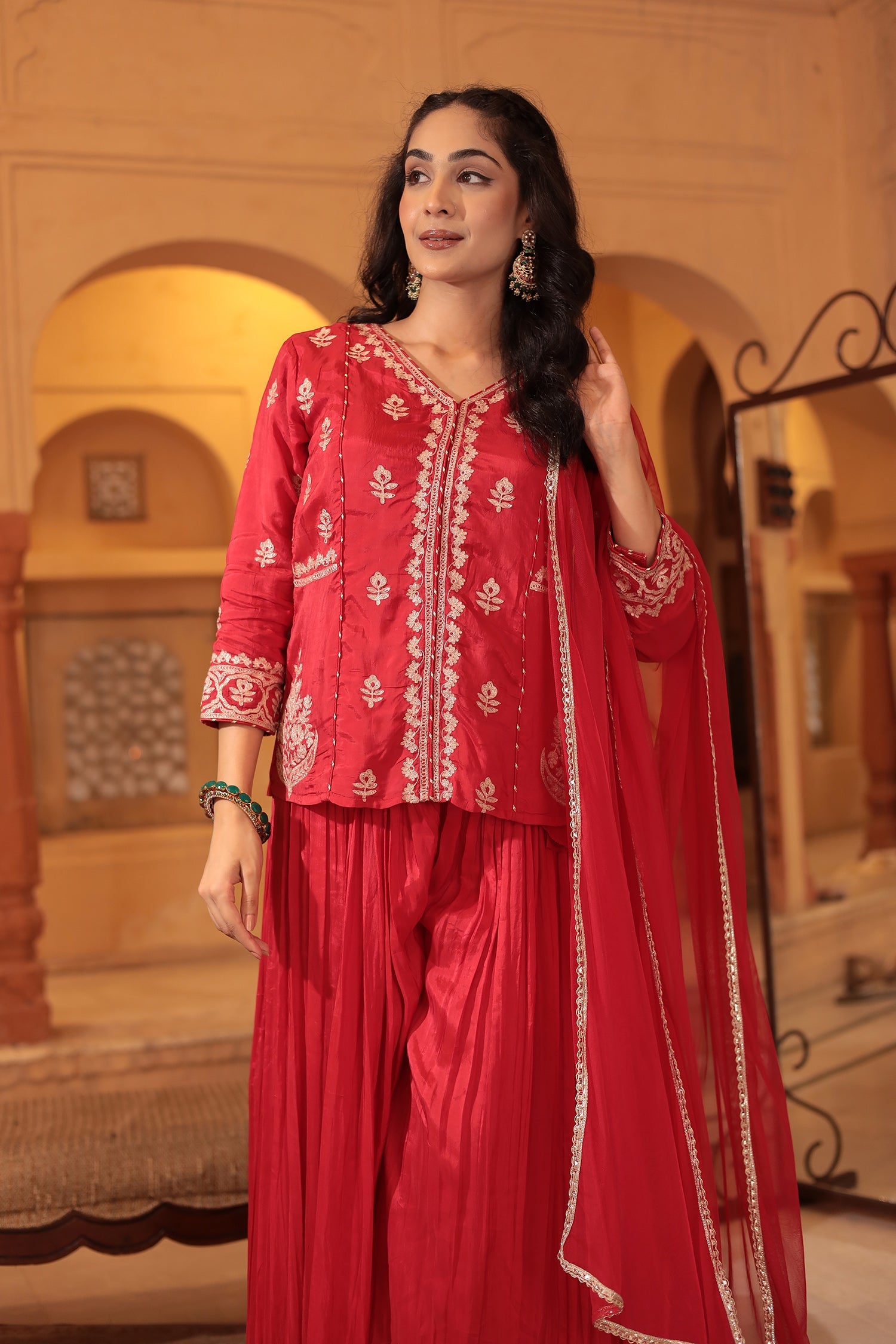 Peplum Silk Indowestern Suit with Pittan work