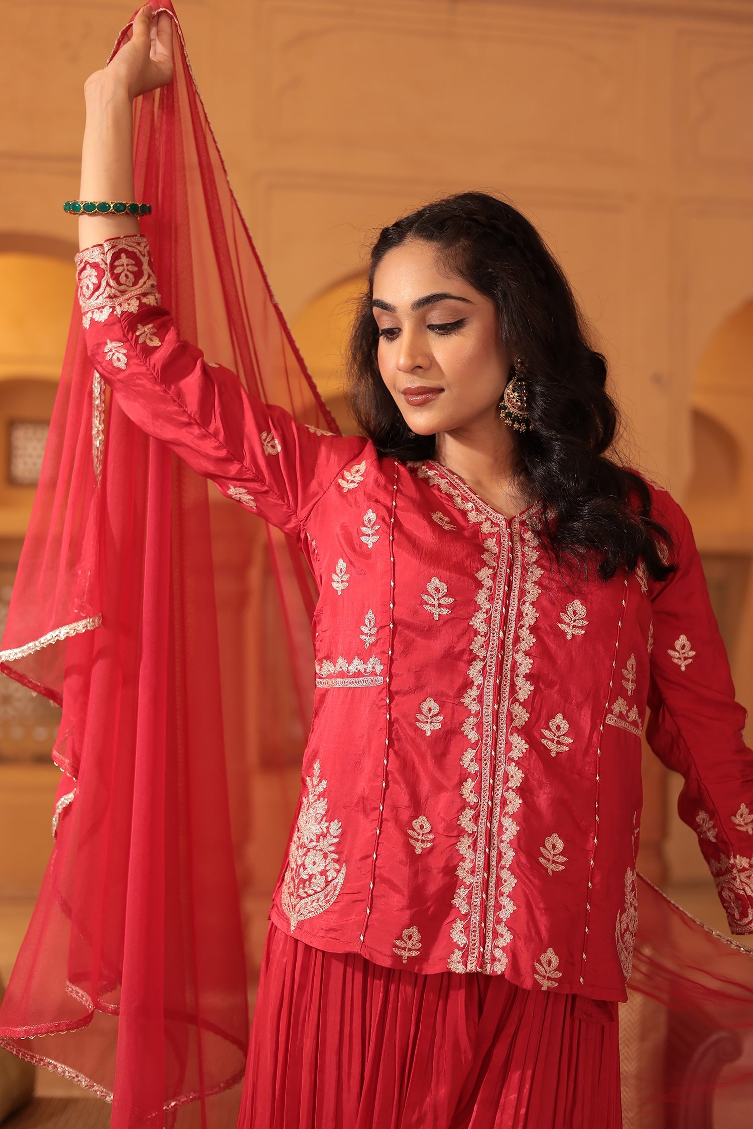 Peplum Silk Indowestern Suit with Pittan work