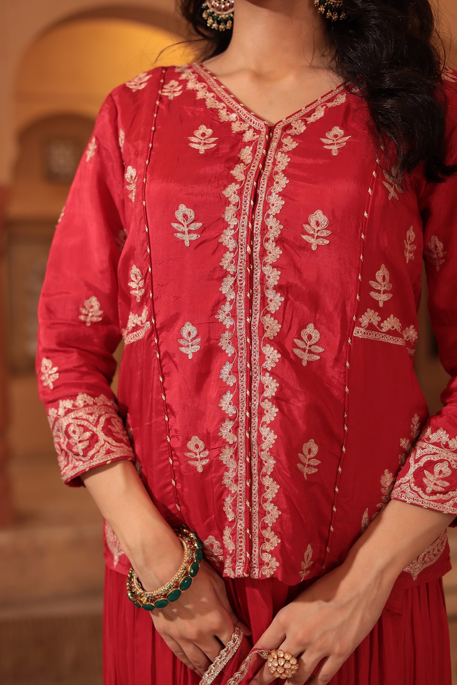 Peplum Silk Indowestern Suit with Pittan work