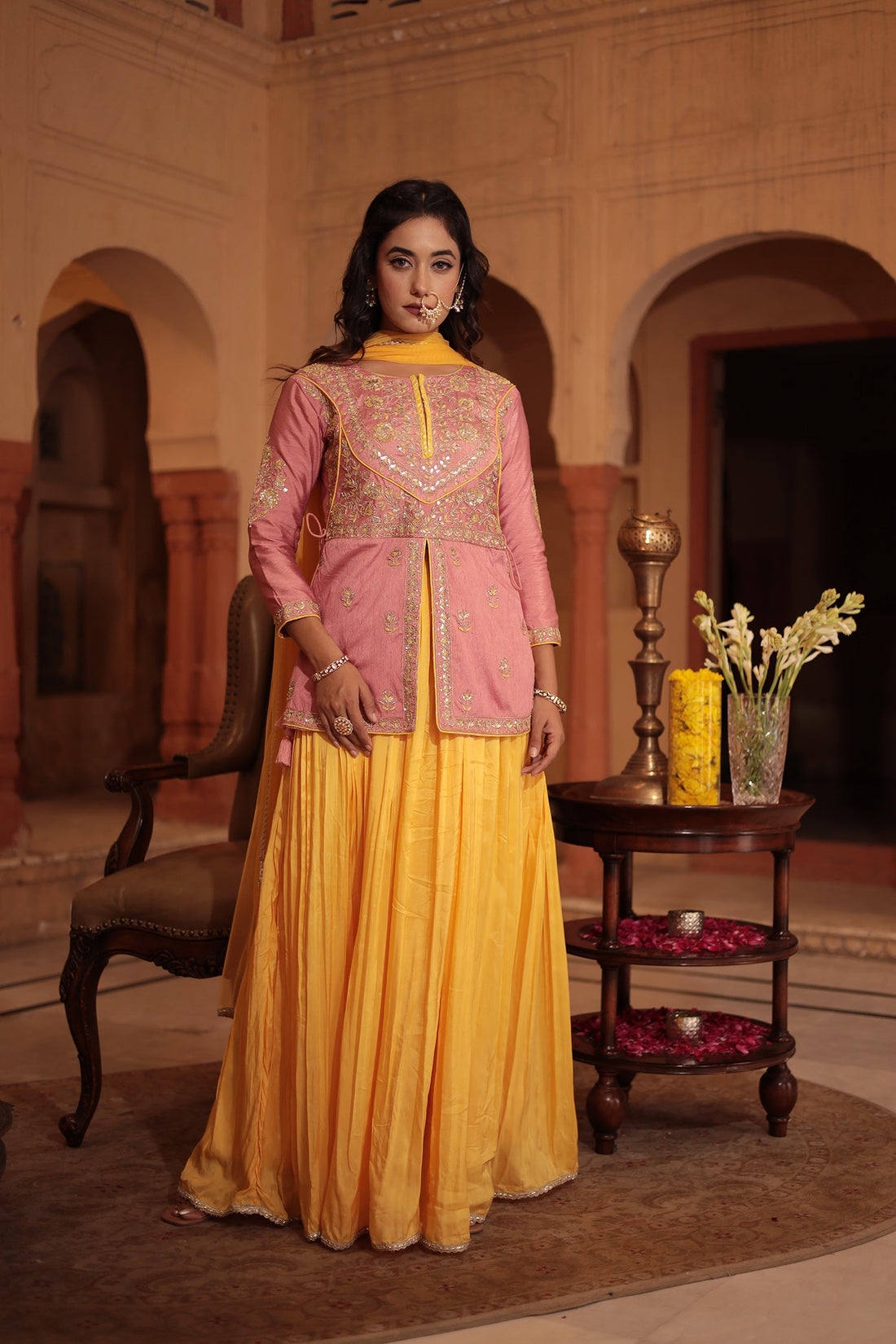 Silk Peplum Suit Embroidered with Gota Patti and Zardozi work