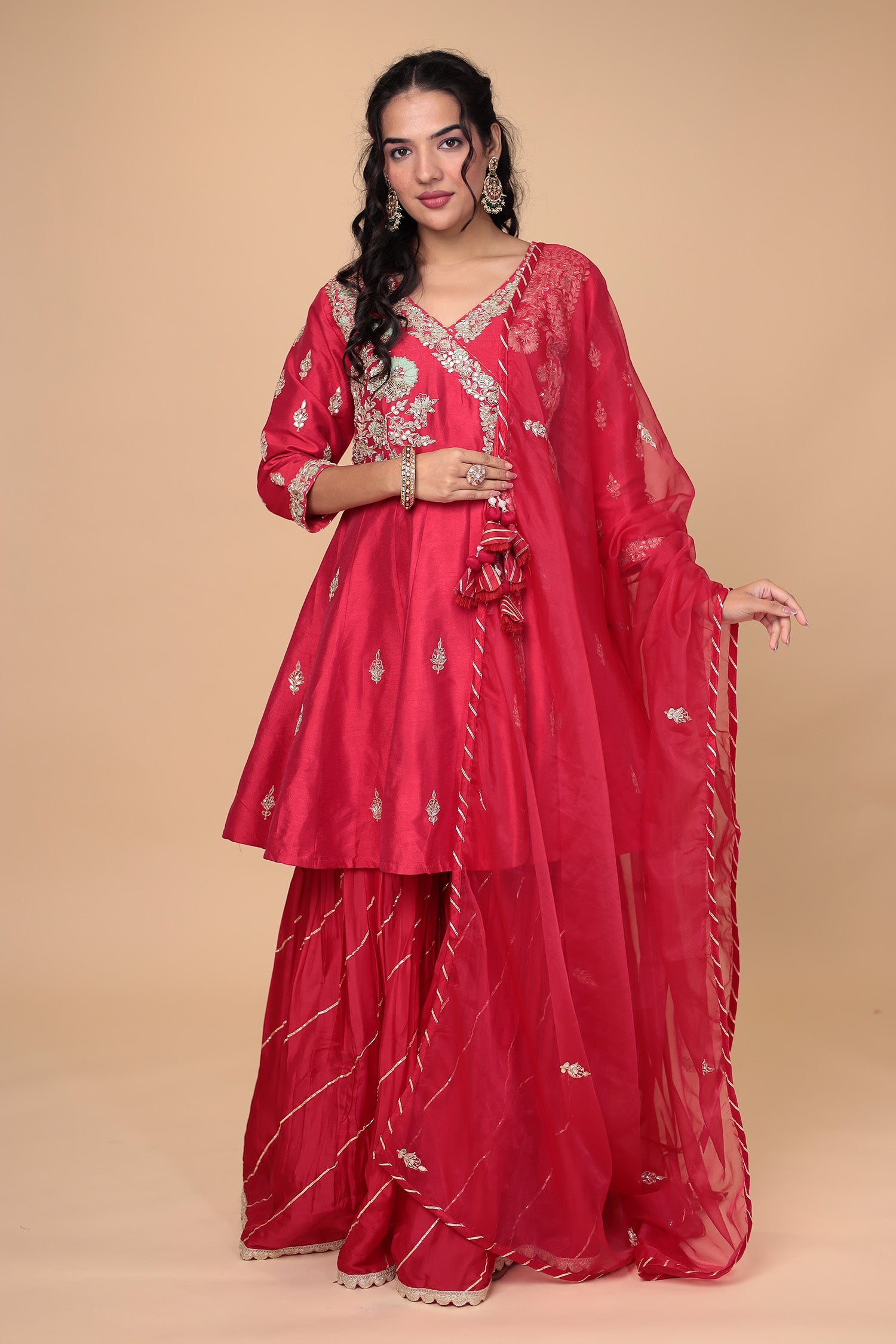 Peplum Silk Suit Embroidered with Gota Patti and Zardozi work