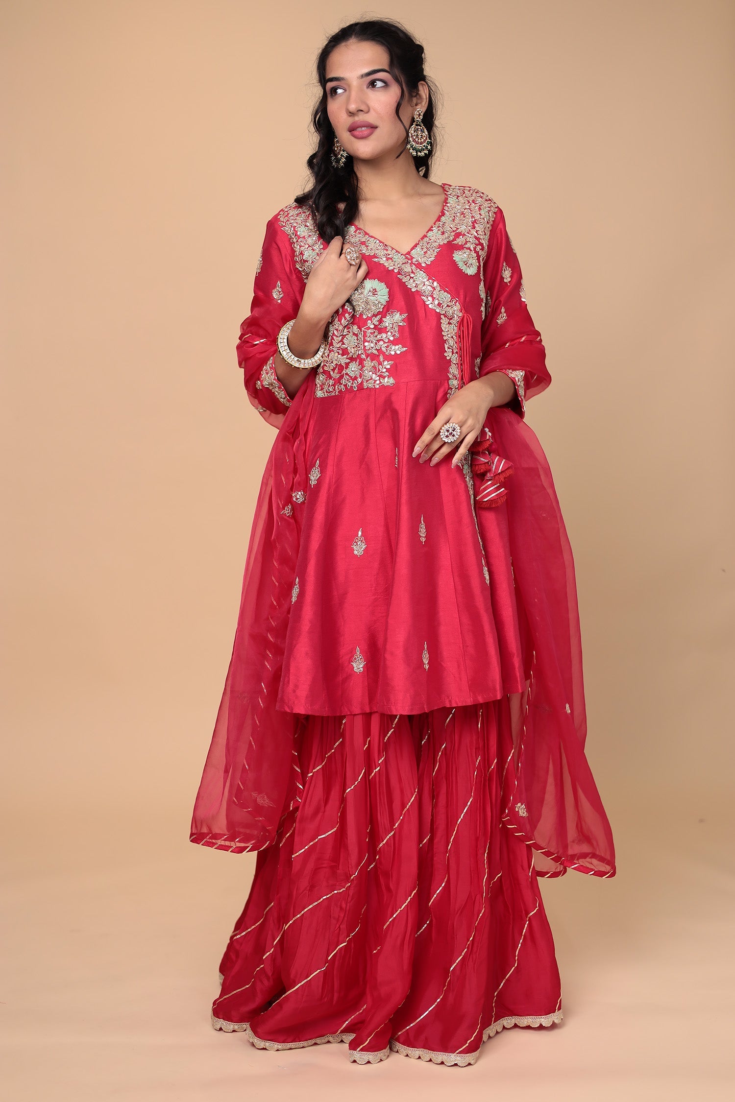 Peplum Silk Suit Embroidered with Gota Patti and Zardozi work