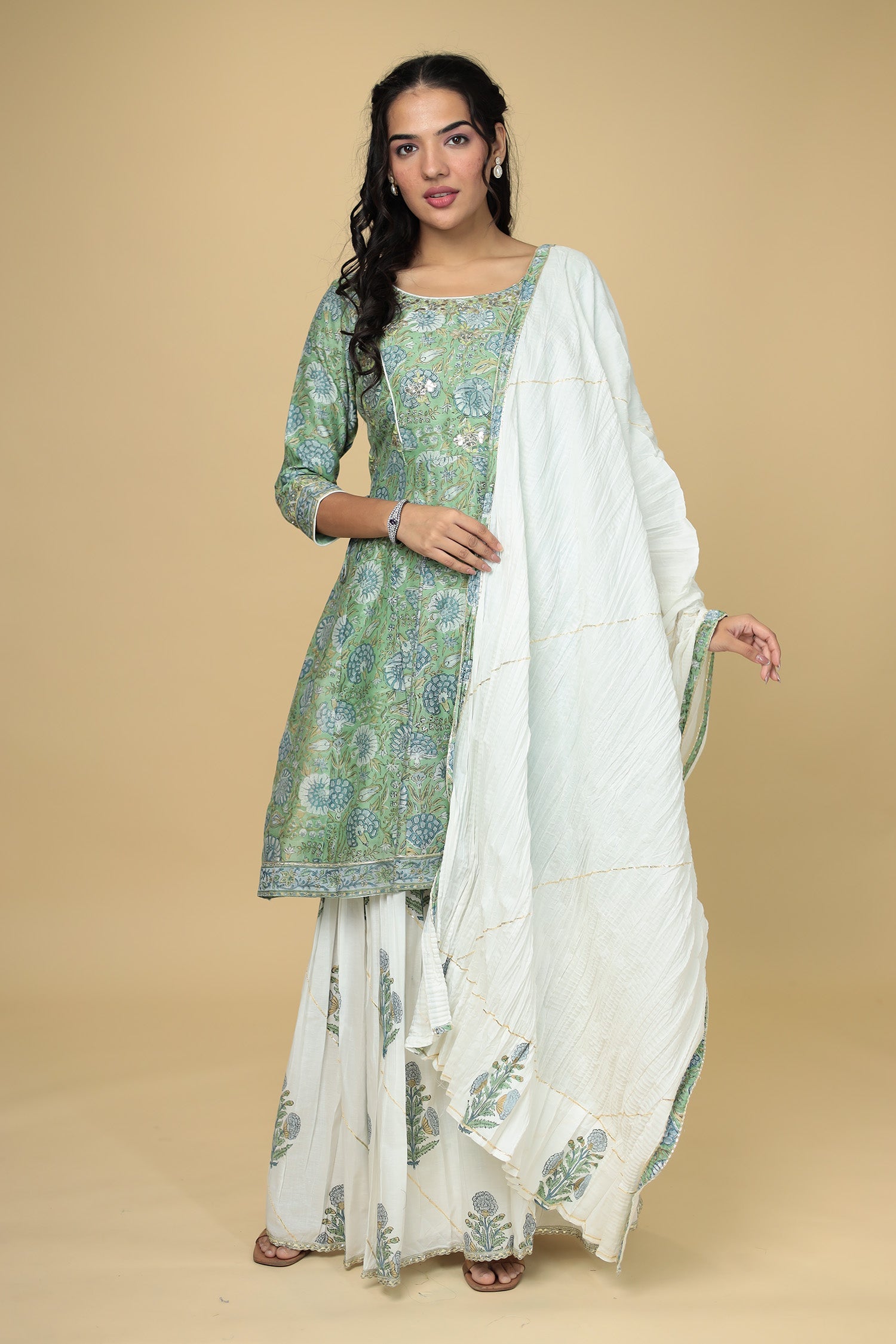 Printed Chanderi Peplum Suit with Gota Patti work