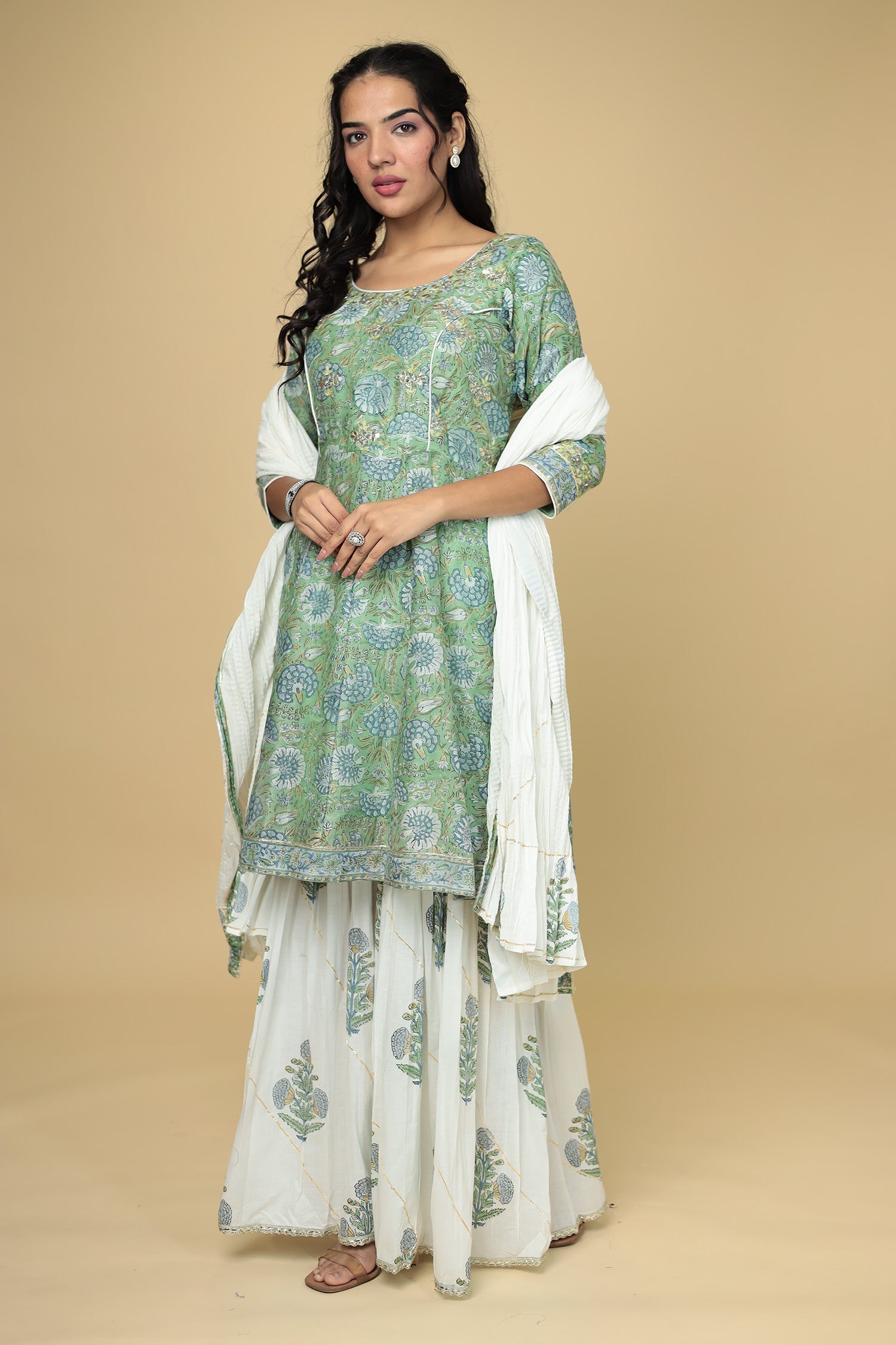 Printed Chanderi Peplum Suit with Gota Patti work