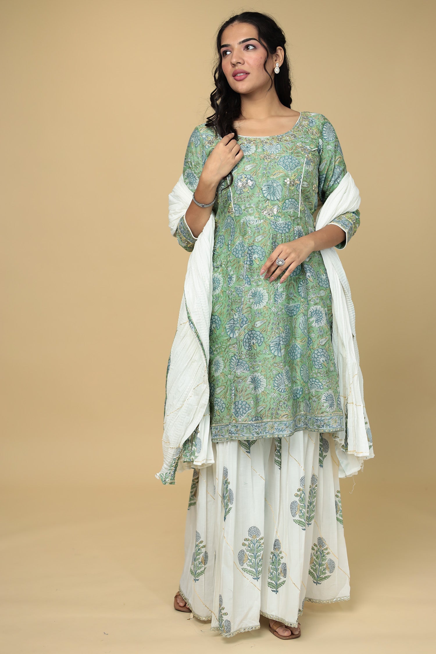 Printed Chanderi Peplum Suit with Gota Patti work