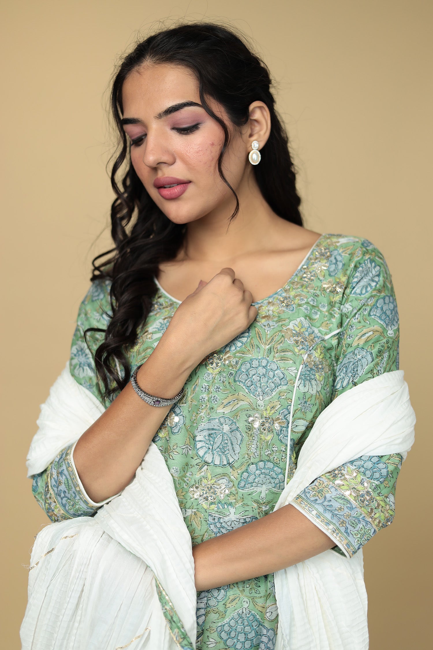 Printed Chanderi Peplum Suit with Gota Patti work