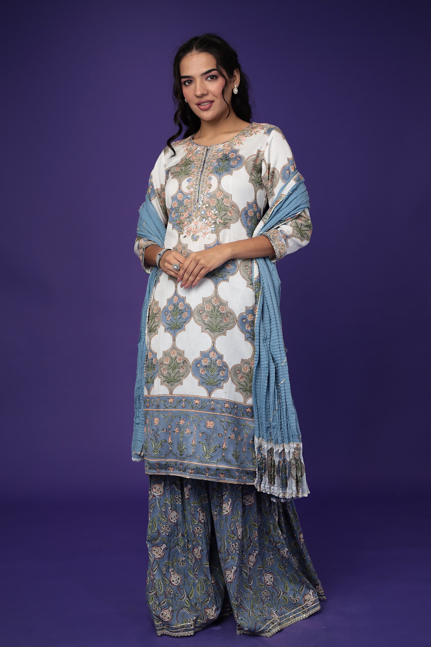 Embroidered Printed Chanderi Suit with Zardozi work