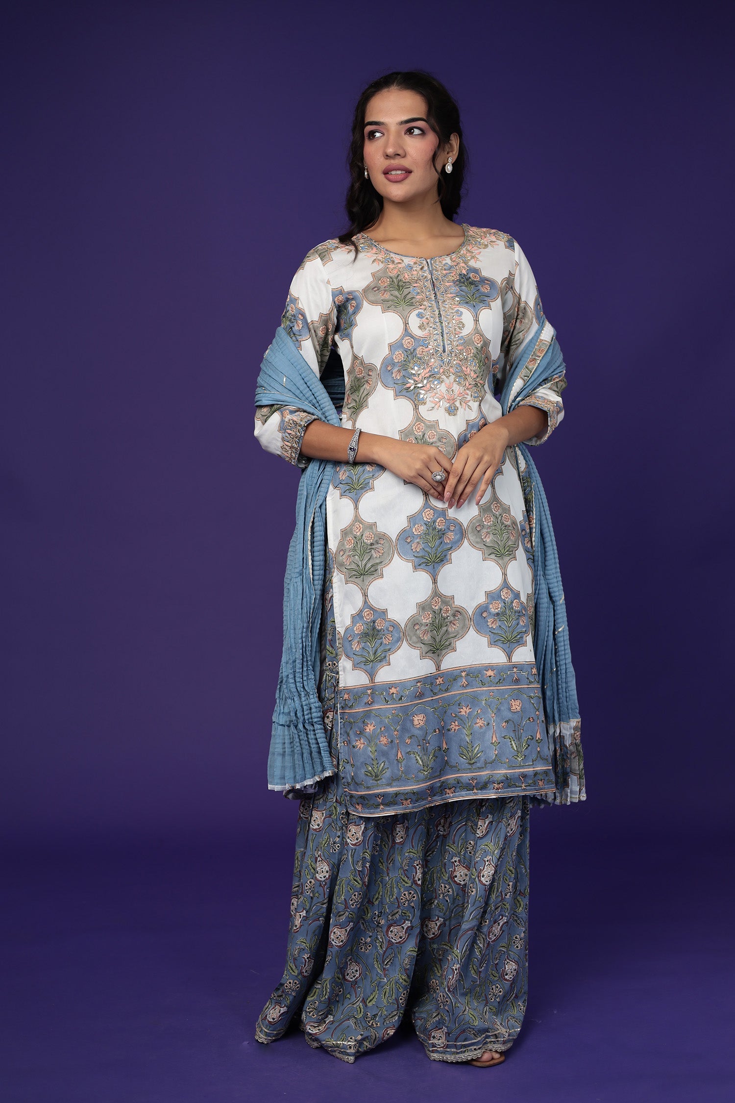 Embroidered Printed Chanderi Suit with Zardozi work