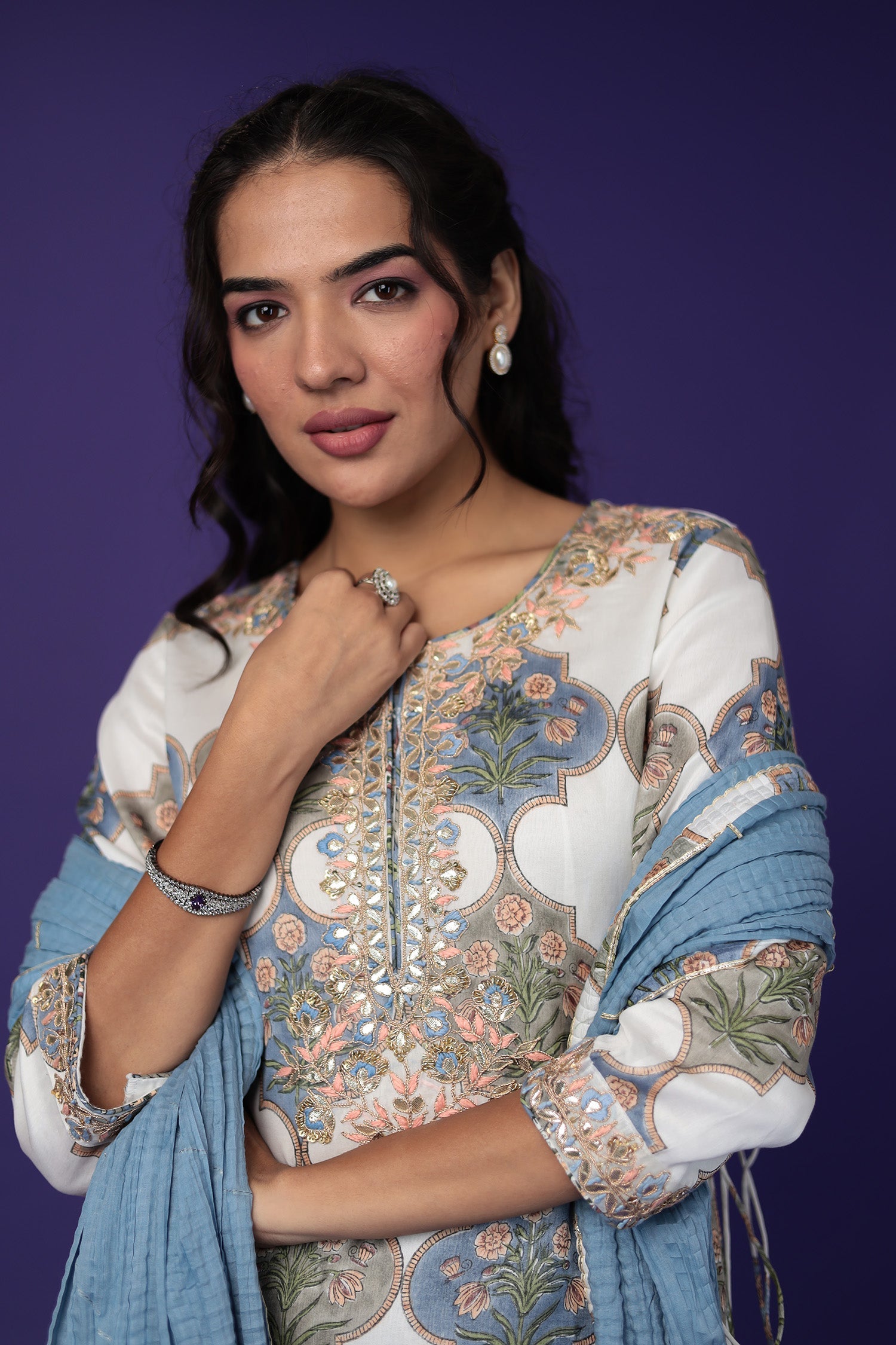 Embroidered Printed Chanderi Suit with Zardozi work
