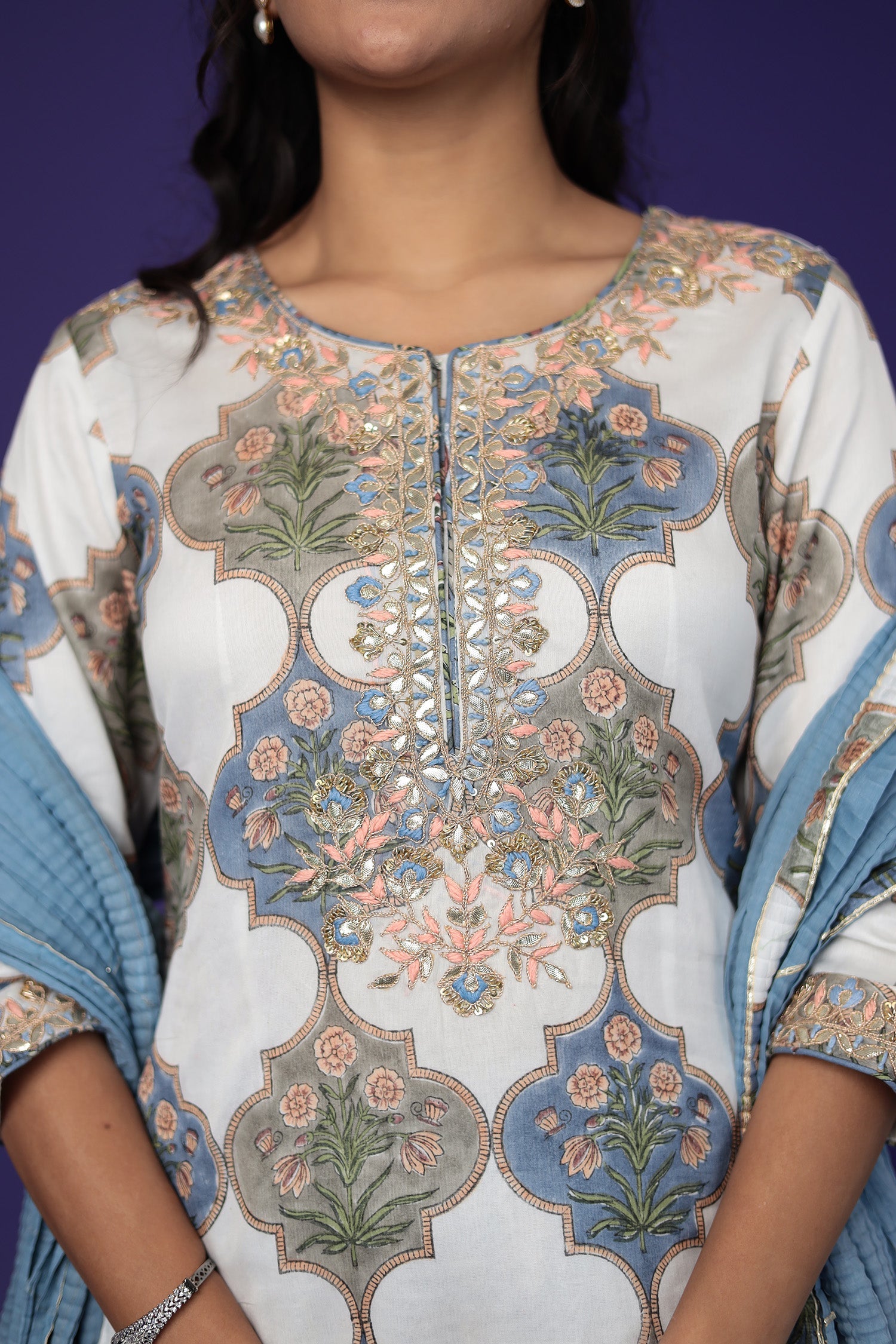 Embroidered Printed Chanderi Suit with Zardozi work