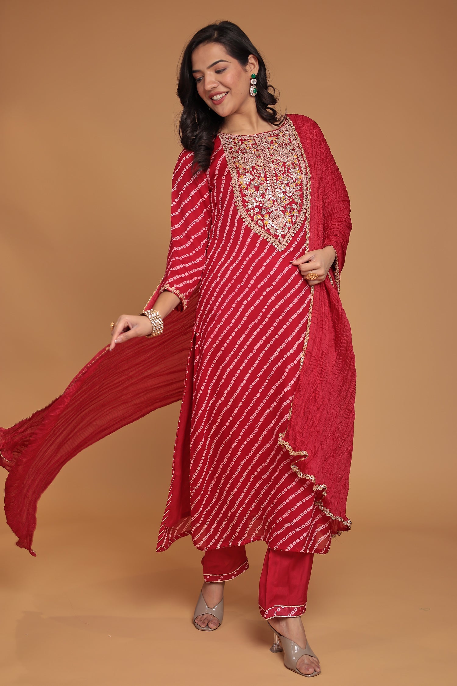 Bandhej Chinon Georgette Straight Suit with Gota Patti, Pearl and Zardozi work