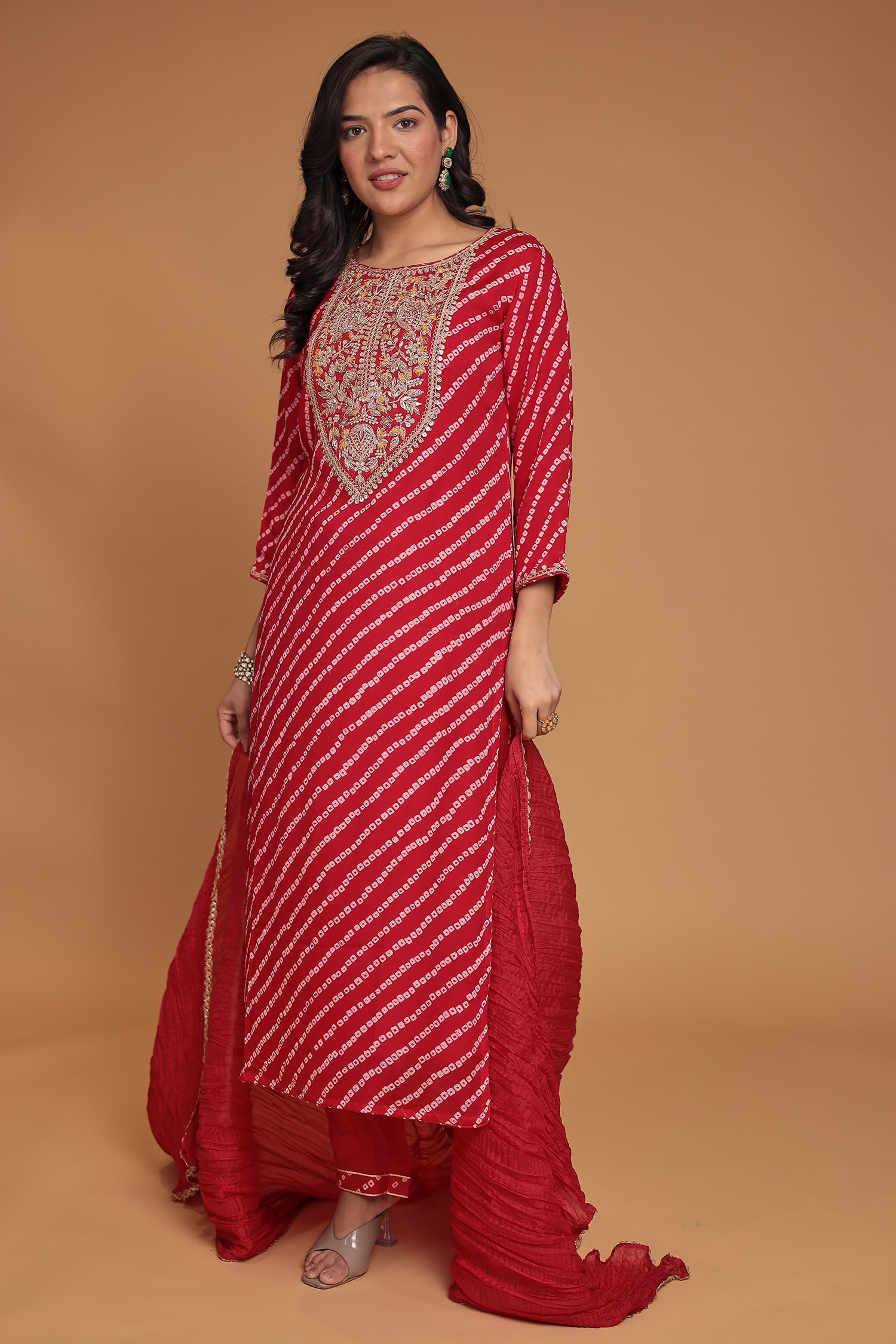 Bandhej Chinon Georgette Straight Suit with Gota Patti, Pearl and Zardozi work