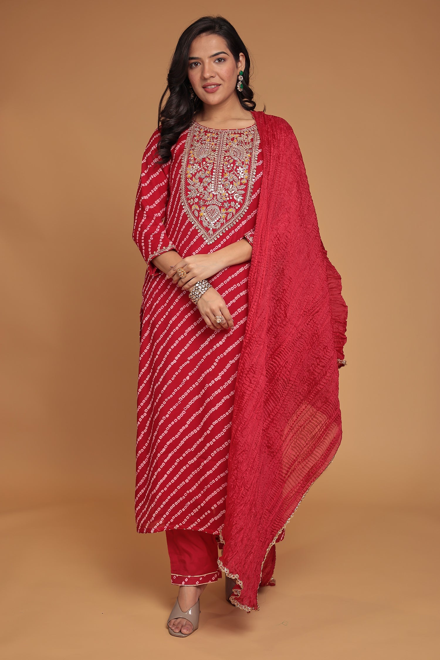 Bandhej Chinon Georgette Straight Suit with Gota Patti, Pearl and Zardozi work