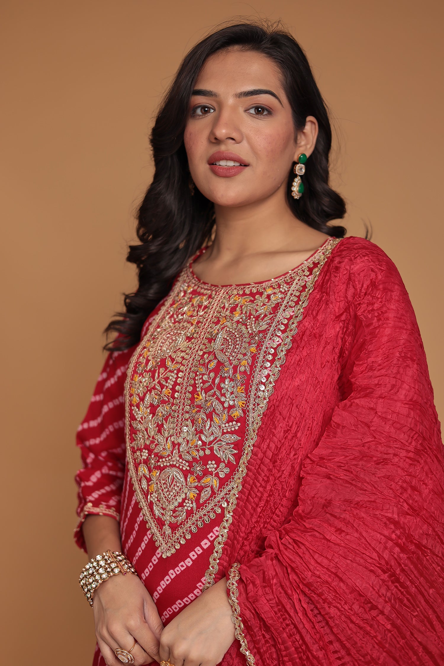 Bandhej Chinon Georgette Straight Suit with Gota Patti, Pearl and Zardozi work