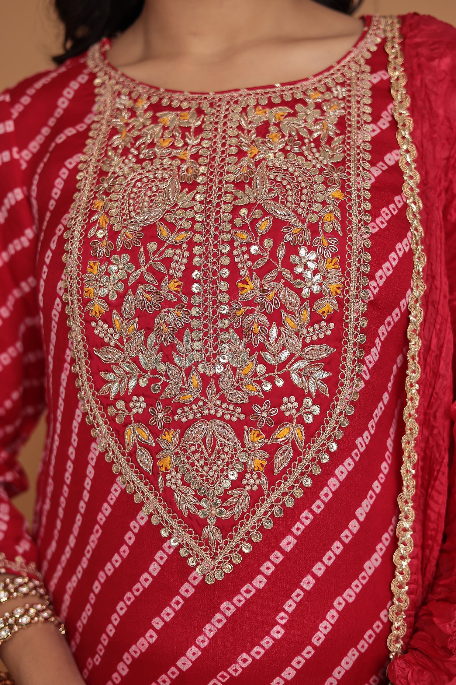 Bandhej Chinon Georgette Straight Suit with Gota Patti, Pearl and Zardozi work