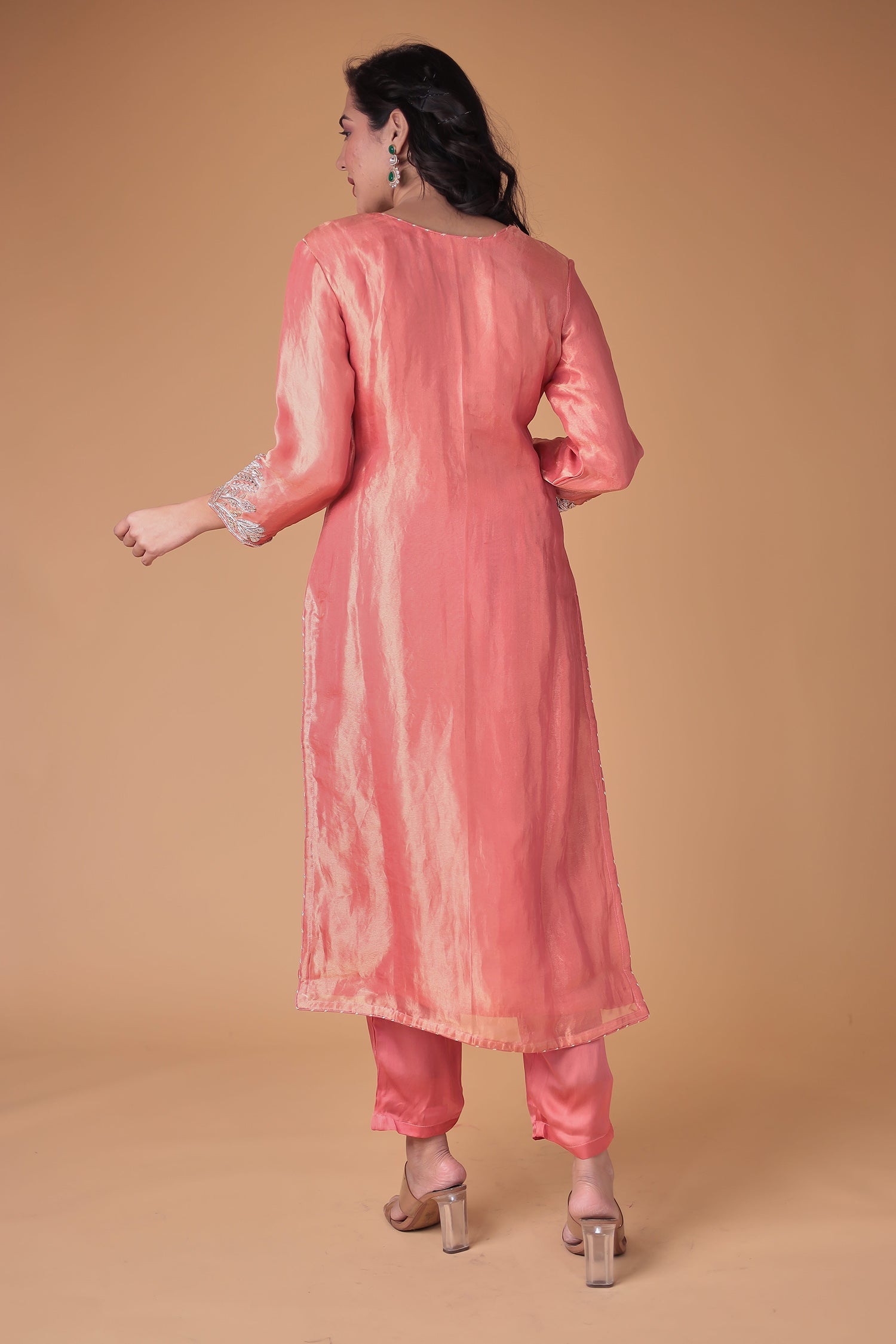 Peach Tissue Suit with Zardozi work